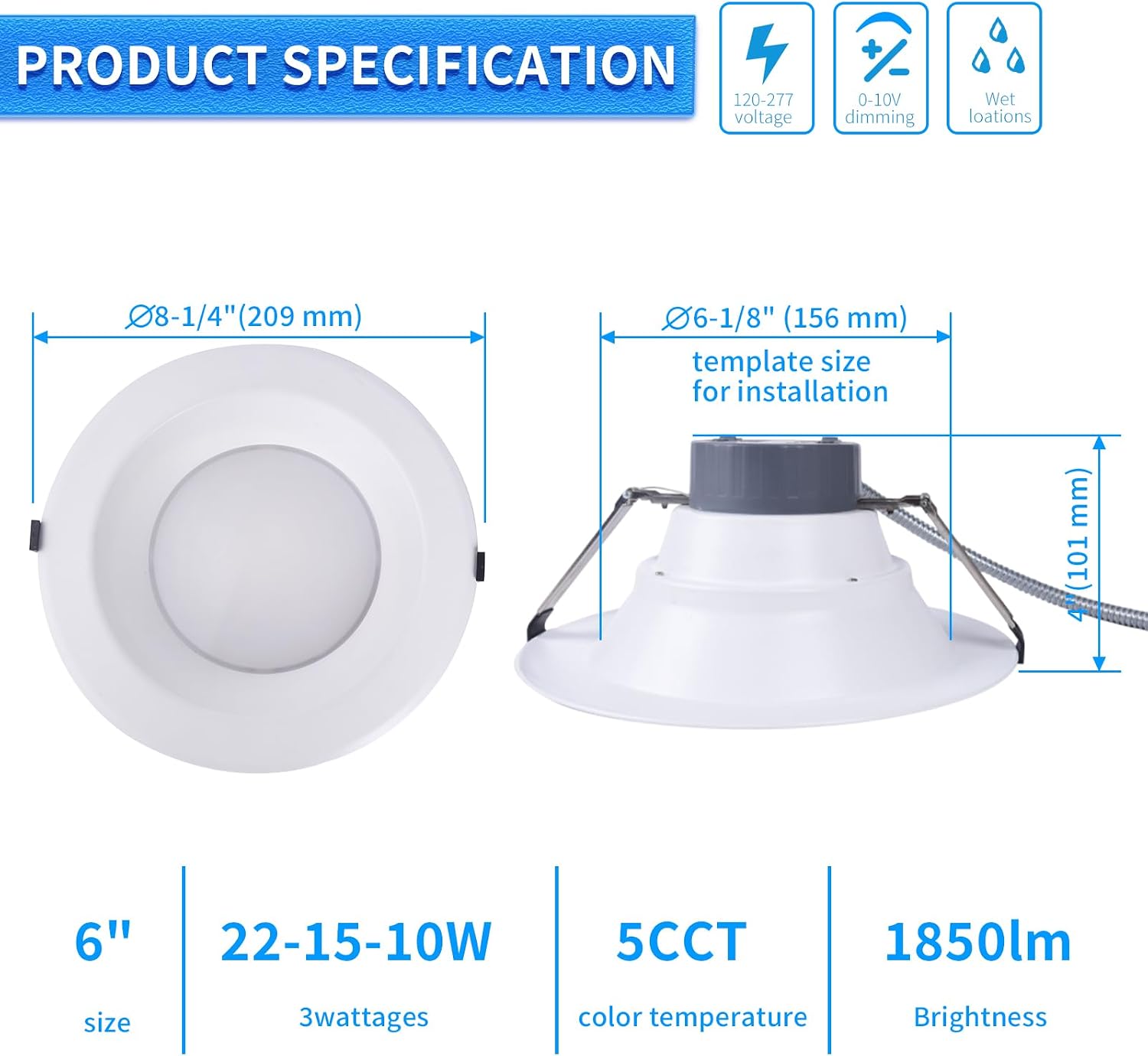 6 inch Commercial Canless LED Downlight, Wattage Adjustable 10/15/22W, 0-10V Dimmable Recessed Ceiling Light Fixture, 5 CCT 2700K-5000K, 120-277V IC Rated UL & Energy Star (1 Pack)