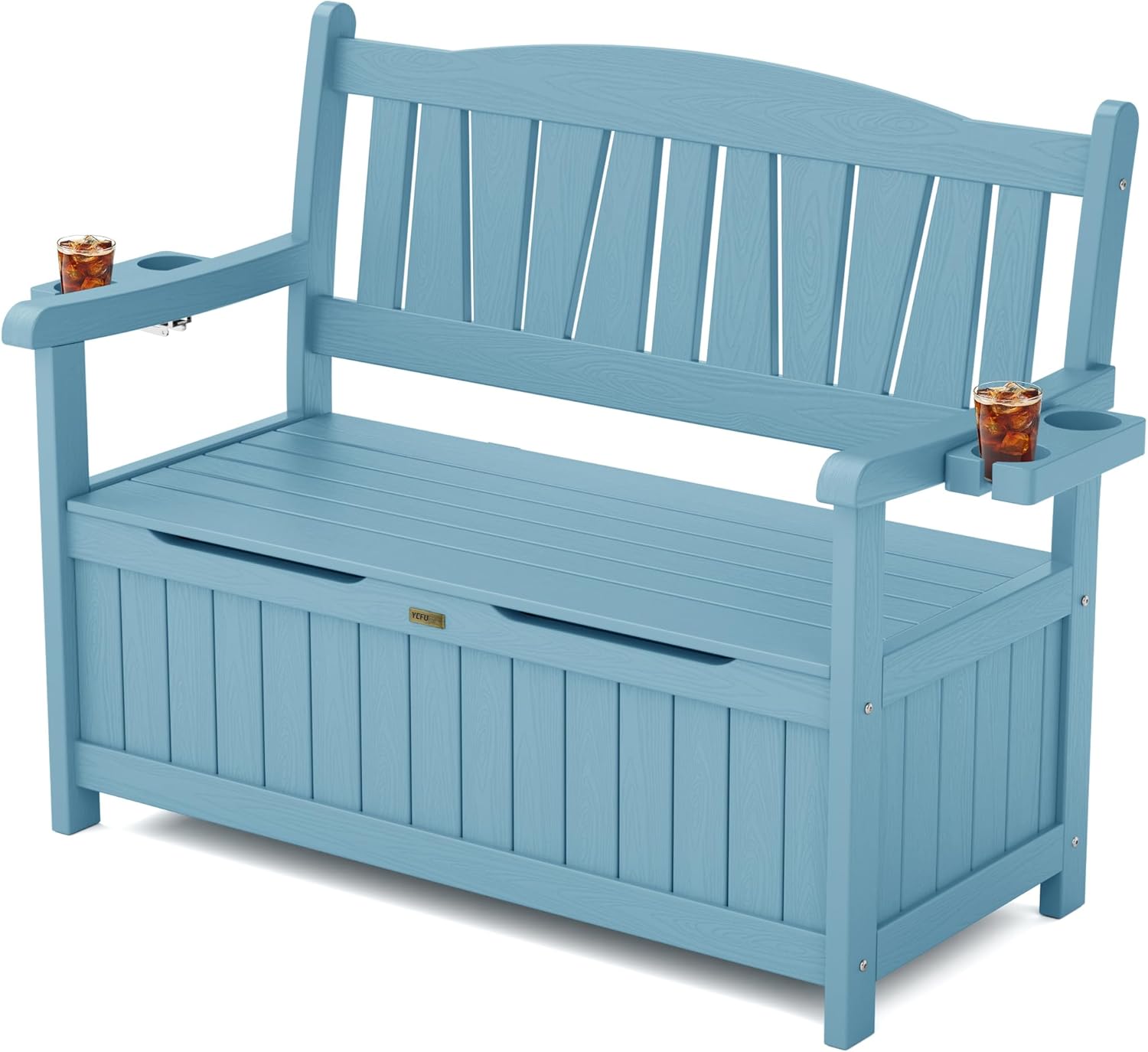 YEFU Outdoor Storage Bench for Patio: Heavy Duty Garden Bench with 96° High Backrest & Oversized Seating - HIPS Weatherproof Patio Bench with Storage for Porch Park Backyard, Blue