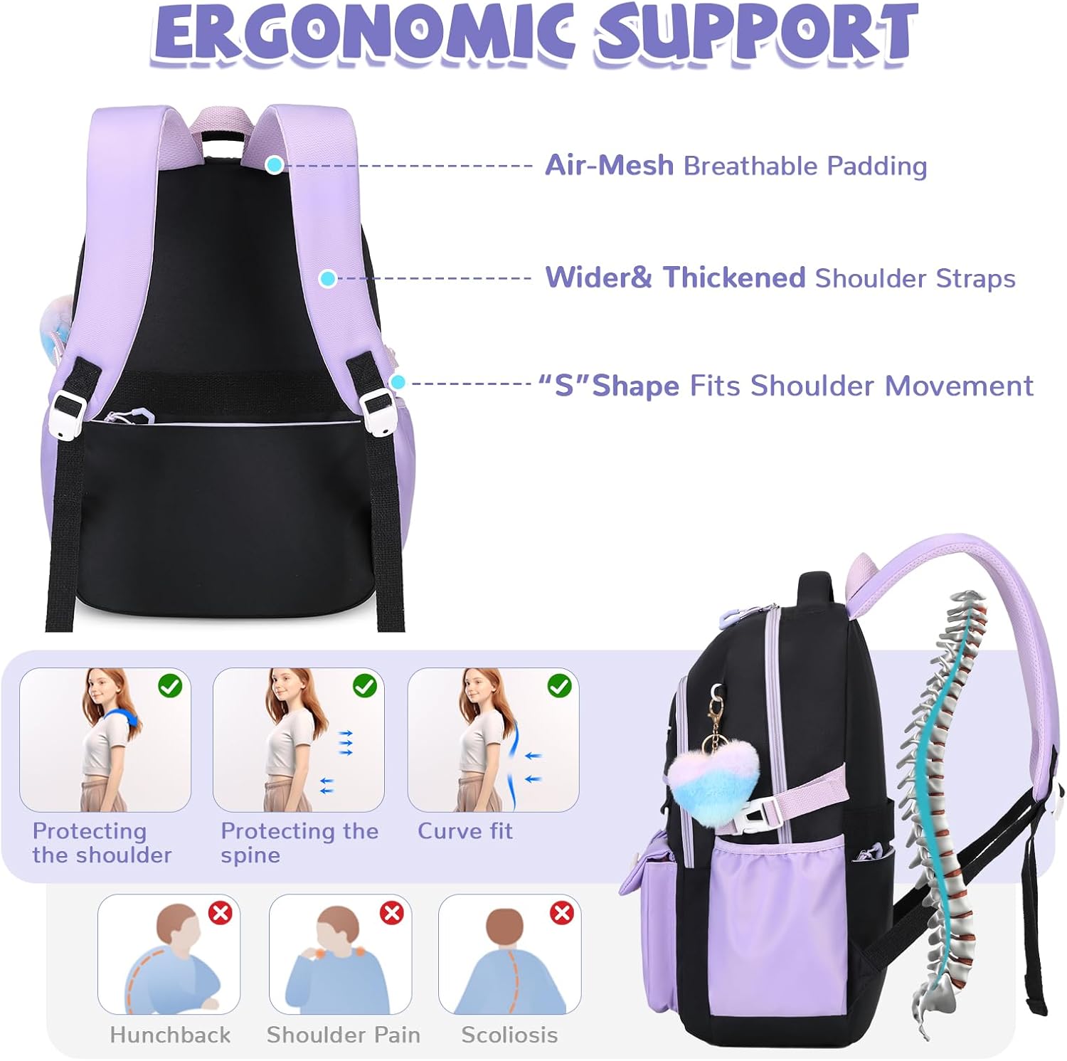 Girls Backpack, Lightweight Kids Backpack Kawaii School Backpacks Bookbag for Primary Elementary School,Age 6-14 years,Green Match Purple(Luggage Strap Ver)