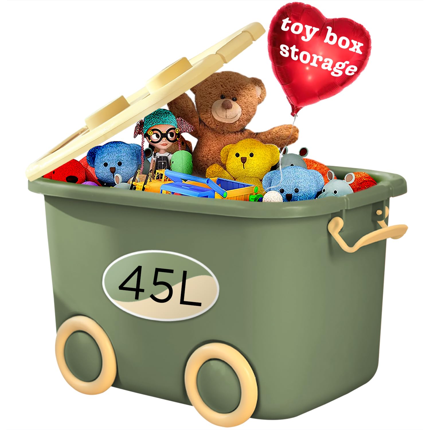 Froppi 45L Toy Box | Toy Storage with Lid | Kids Storage on Wheels | Large Size | Green | L50 W35 H30 cm