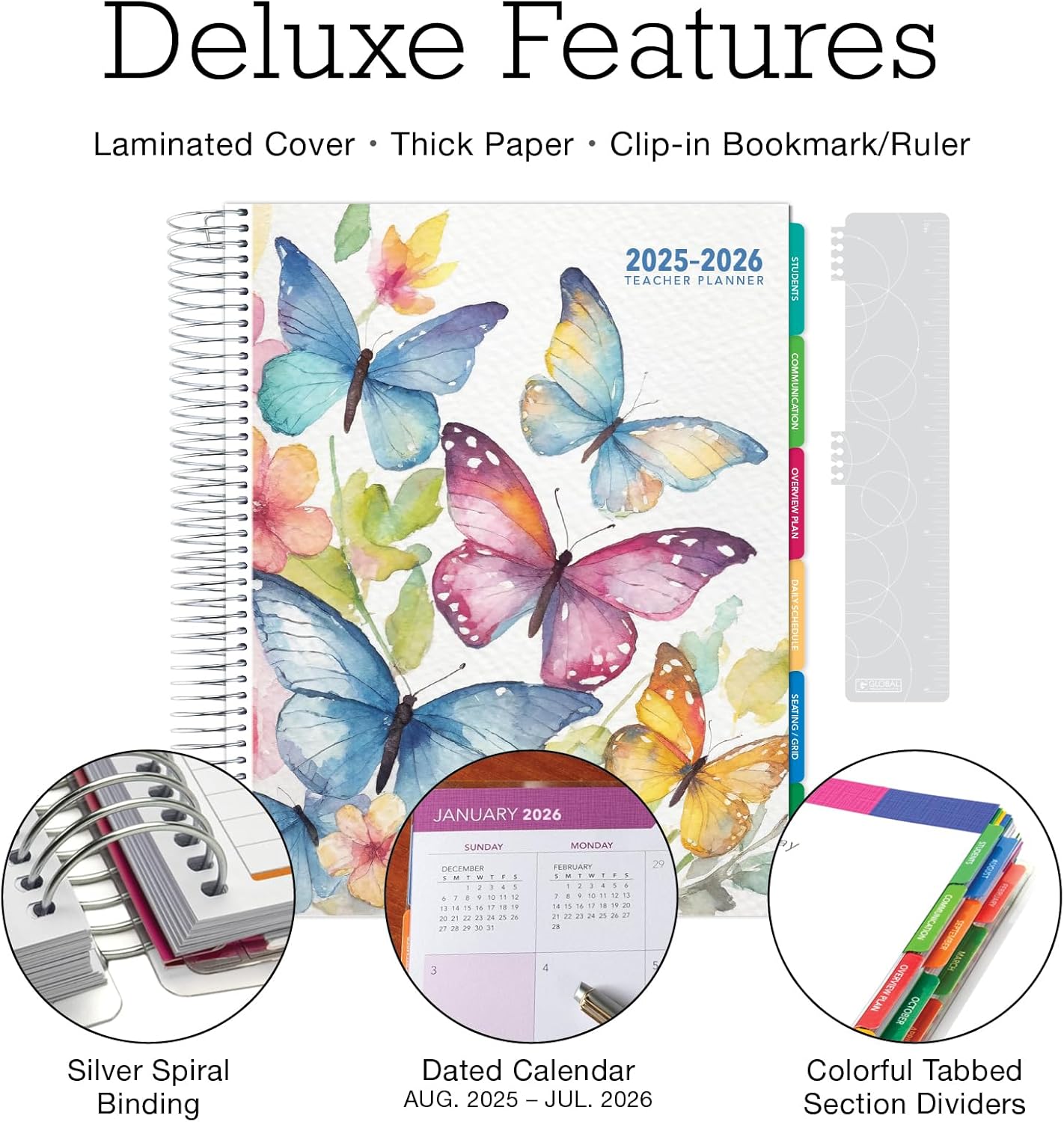 aug 2025-jul 2026 deluxe teacher planner notebook 8.5x11 daily weekly monthly organizers with 7 periods, pocket folder, dated calendar, page tabs, bookmark and planning stickers (watercolor butterflies) 2025-2026 watercolor butterflies
