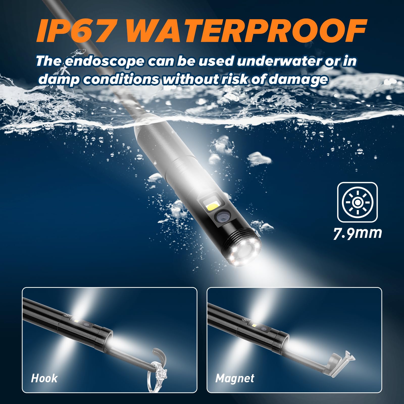 WADEO Endoscopio a Tripla Lente, 1920P HD Grande Sonda telecamera IPS da 5'', Telecamera Endoscopica Impermeabile IP67 con 8 Luci, Pixel da 200 W, Cavo da 10m, Tipo C, scheda TF da 32 GB allegata