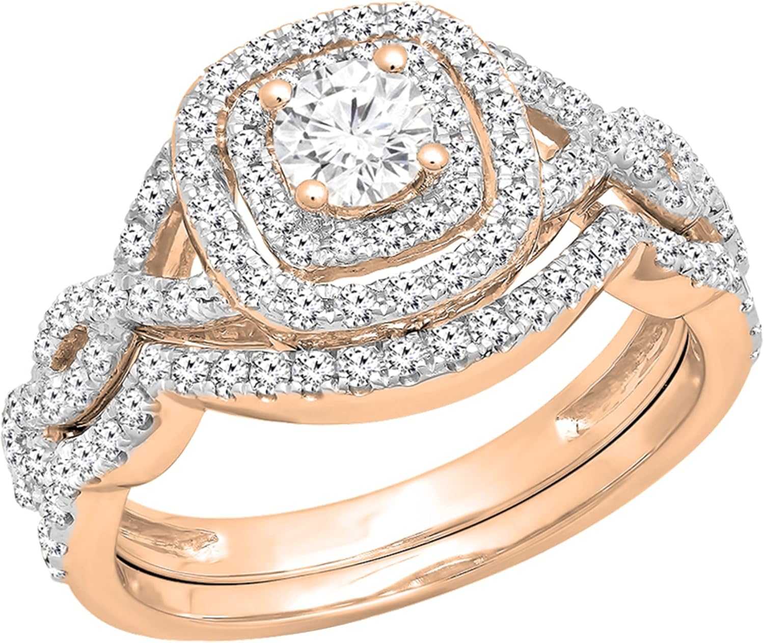 Dazzlingrock Collection Round White Diamond Criss Cross Style with Matching Band Engagement Ring Set for Women (1.00 ctw, Color H-I, Clarity SI2) in Solid Gold