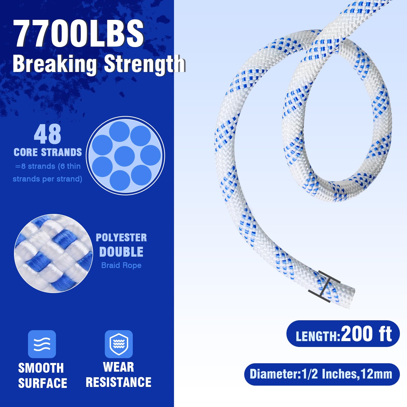 Sistema de polea de doble bloque y aparejo con polea de cuerda de 200 pies x 1/2 pulgadas, resistencia a la rotura de 7700 libras (35KN), sistema de polea de polea de elevación 4:1 para garaje, ático