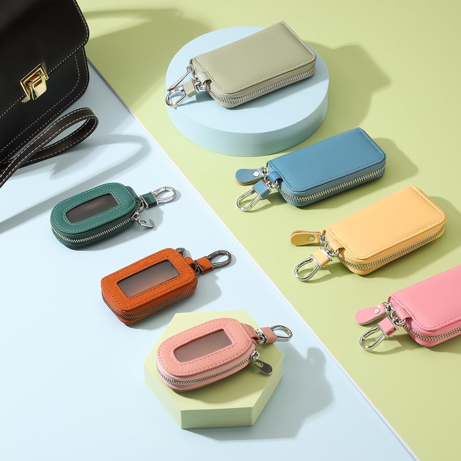 HARFINGTON Car Key Fob Cover Case Leather Universal Smart Car Key Holder with Key Ring & Keychain for Remote Key Fob image 5