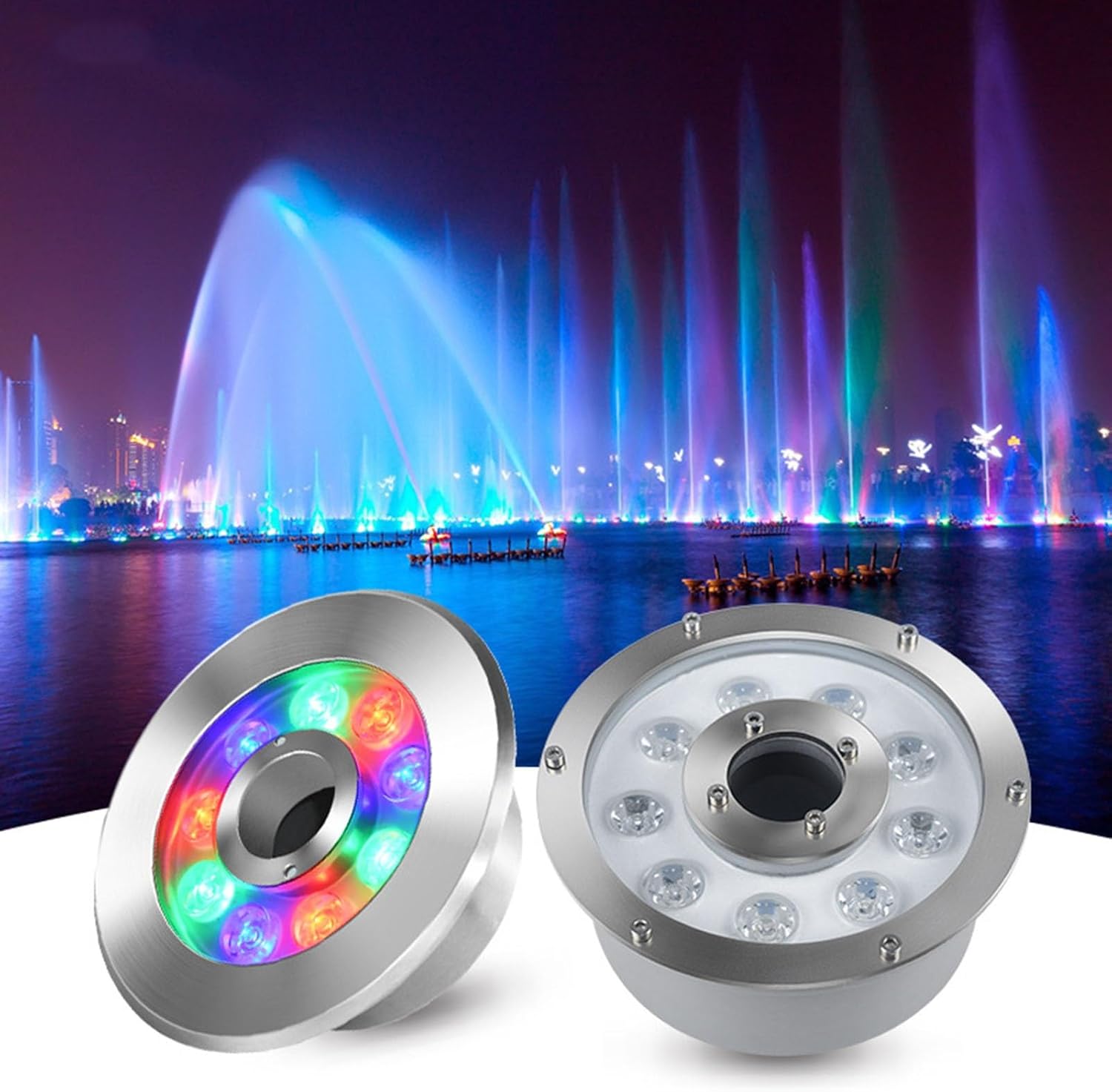 RGB LED Fountain Light - Submersible 9W Underwater Light for Pond, Pool & Aquarium, 12/24V Stainless Steel IP68 Waterproof Landscape Lighting