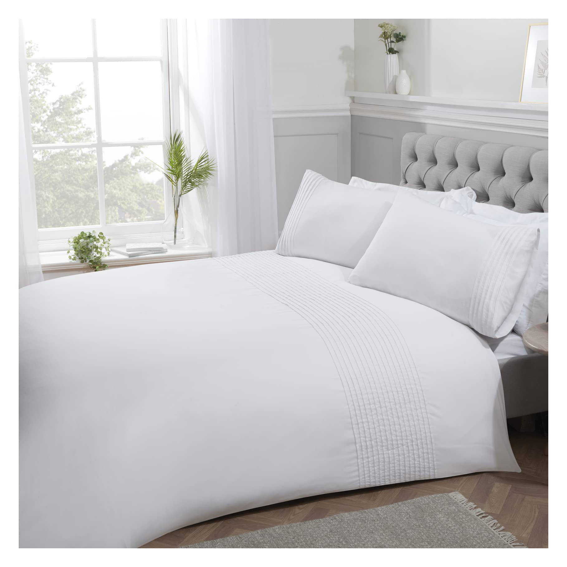Sleepdown Pintuck Geplooid gestreept paneel, luxe, onderhoudsvriendelijk, zacht, gezellig dekbedovertrek, beddengoedset met kussenslopen, polykatoen, wit, kingsize (220 cm x 230 cm Sleepdown Pintuck Geplooid gestreept paneel, luxe, onderhoudsvriendelijk, zacht, gezellig dekbedovertrek, beddengoedset met kussenslopen, polykatoen, wit, kingsize (220 cm x 230 cm