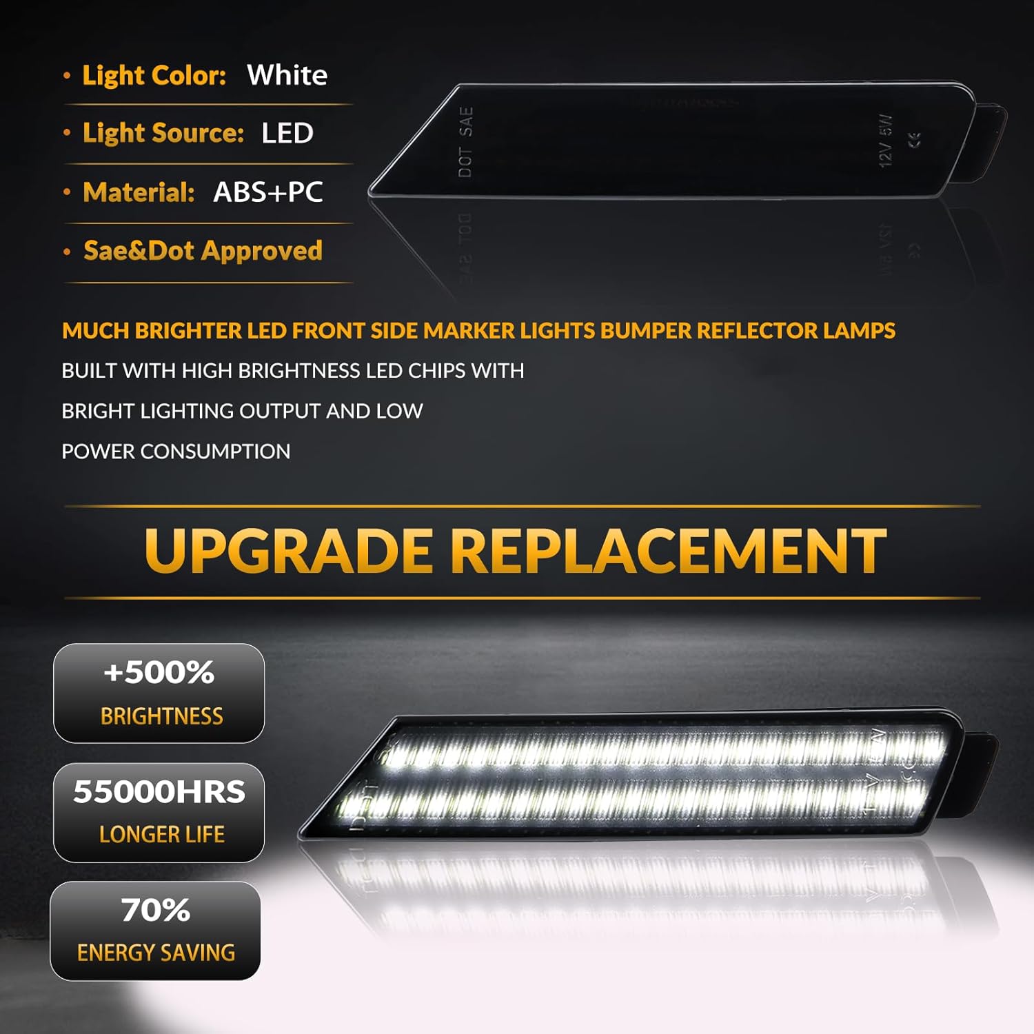 LED Side Marker Lights Front Bumper Sidemarker White Reflectors for 2010-2015 Chevy Camaro 2PCS, Smoked Len