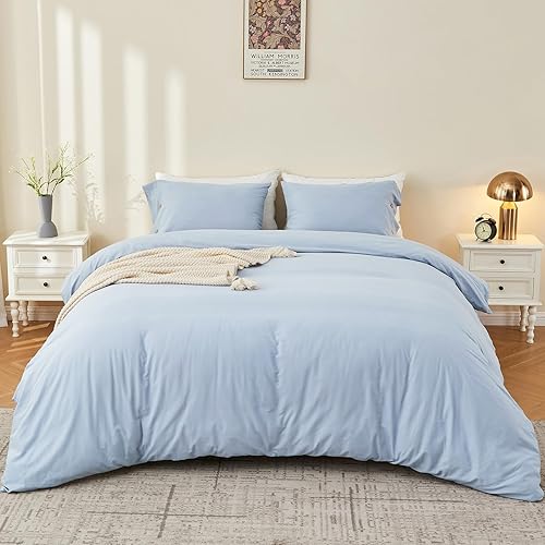 Miniatura 2 de MILDLY Funda de edredón tamaño King, 3 piezas de algodón lavado, color azul, con textura similar al lino, transpirable, juego de ropa de cama King