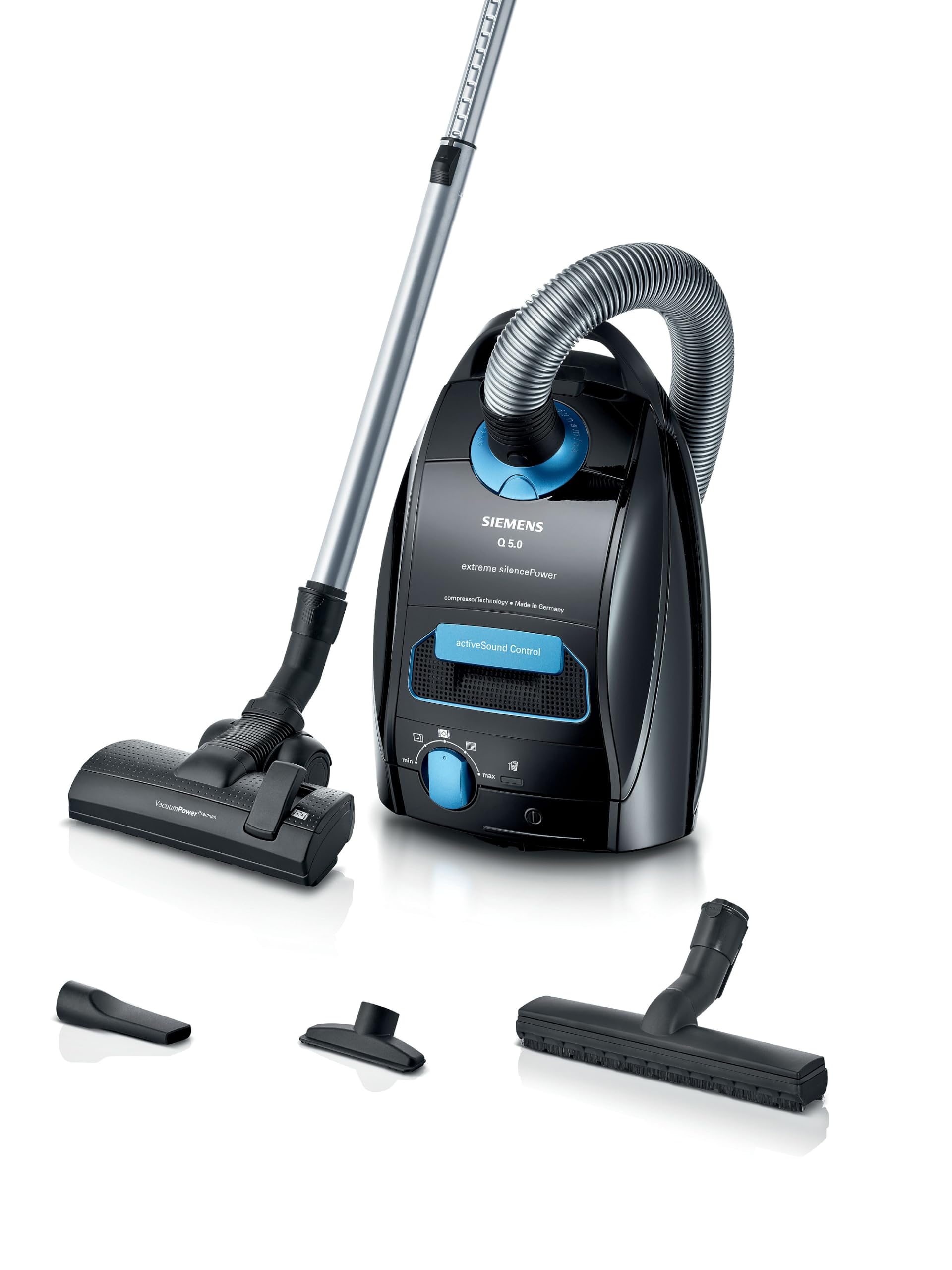 SIEMENS Aspiradora con Bolsa Q5.0 Extreme SilencePower VSQ5X1232 para alérgicos, Filtro higiénico, Fuerte succión: parqué, Alfombra, Azulejos, Cable Largo, Fabricado en Alemania, 850 W, Color Negro