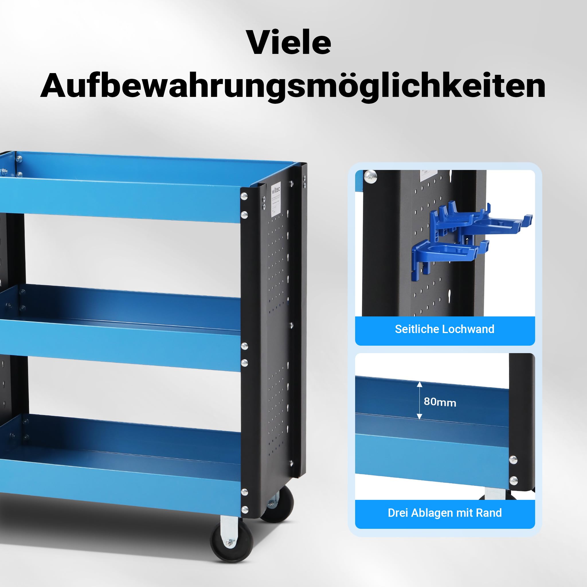 Wiltec Werkstattwagen mit 3 Etagen, 150 kg, 83x38x90 cm, Handgriff, Kunststoffreifen, Bremsen, Ablageflächen mit erhöhtem Rand, Werkzeugwagen, Rollwagen
