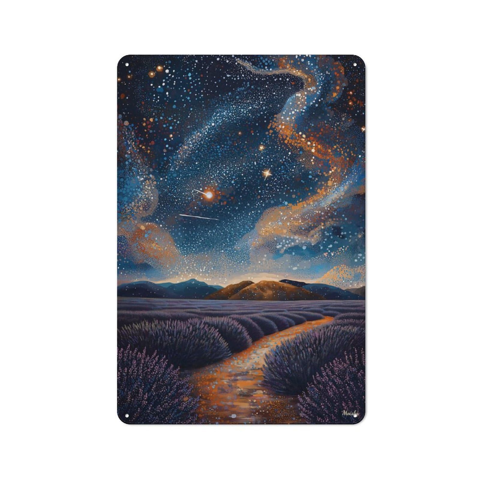 Junmoney Starry Night Lavender Field In Pointillist St Creative Yle Office Metal Sign 30X20cm, Study Room Decor For Workspace, Cafe, Shop Or Desk Area