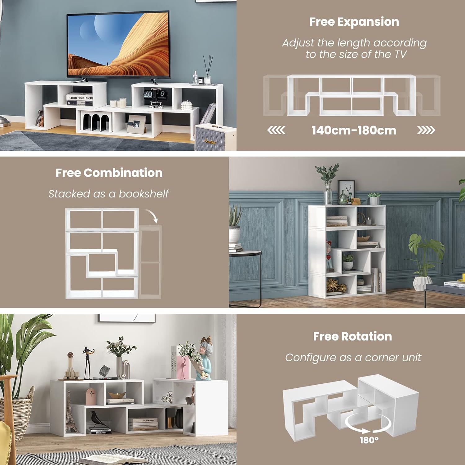 TV Cabinet for TV up to 65”, 3 PCS Console Television Entertainment Center, Free Combination TV Stand Unit for Living Room Bedroom (White)