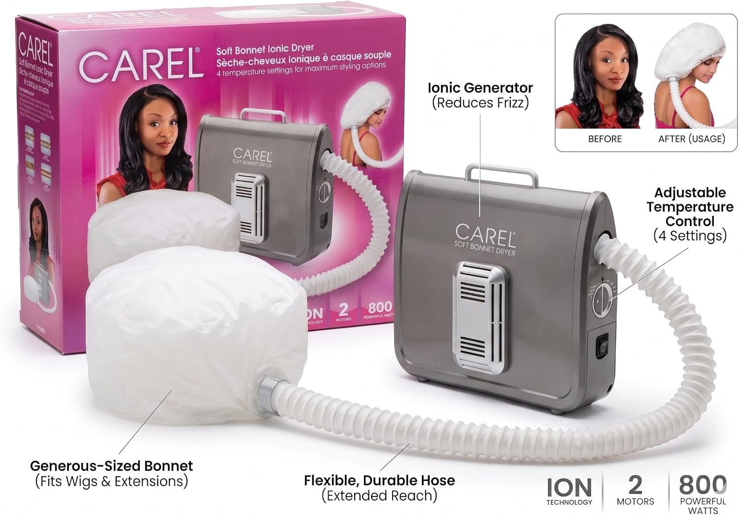Soft Bonnet Hair Dryer – Portable Hair Dryer with Hood and Adjustable Cap for Curly Hair, Quiet Deep Conditioning Hooded Dryer System
