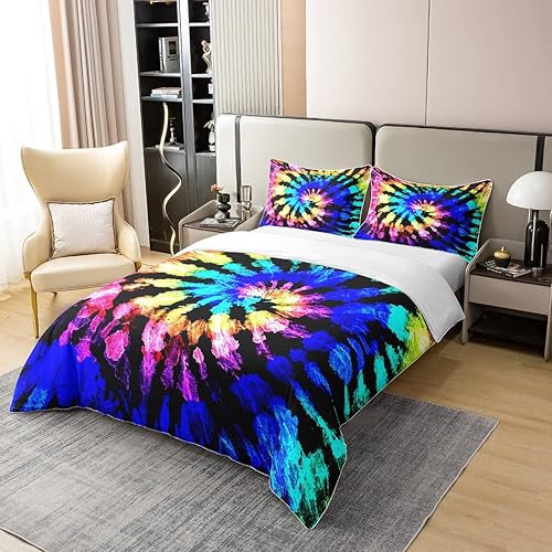 Miniatura 2 de Erosebridal Juego de funda de edredón de 100 % algodón, diseño hippie de teñido anudado, tamaño King, color azul, morado, teñido anudado, espiral,