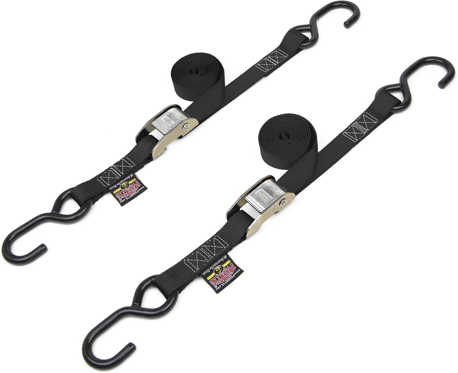 1in x 5.5ft Cam Buckle Tie-Downs w/S-Hooks - 400 lb. WLL / 1,200 lb. Breaking Strength - Made in USA - Black (Pair)