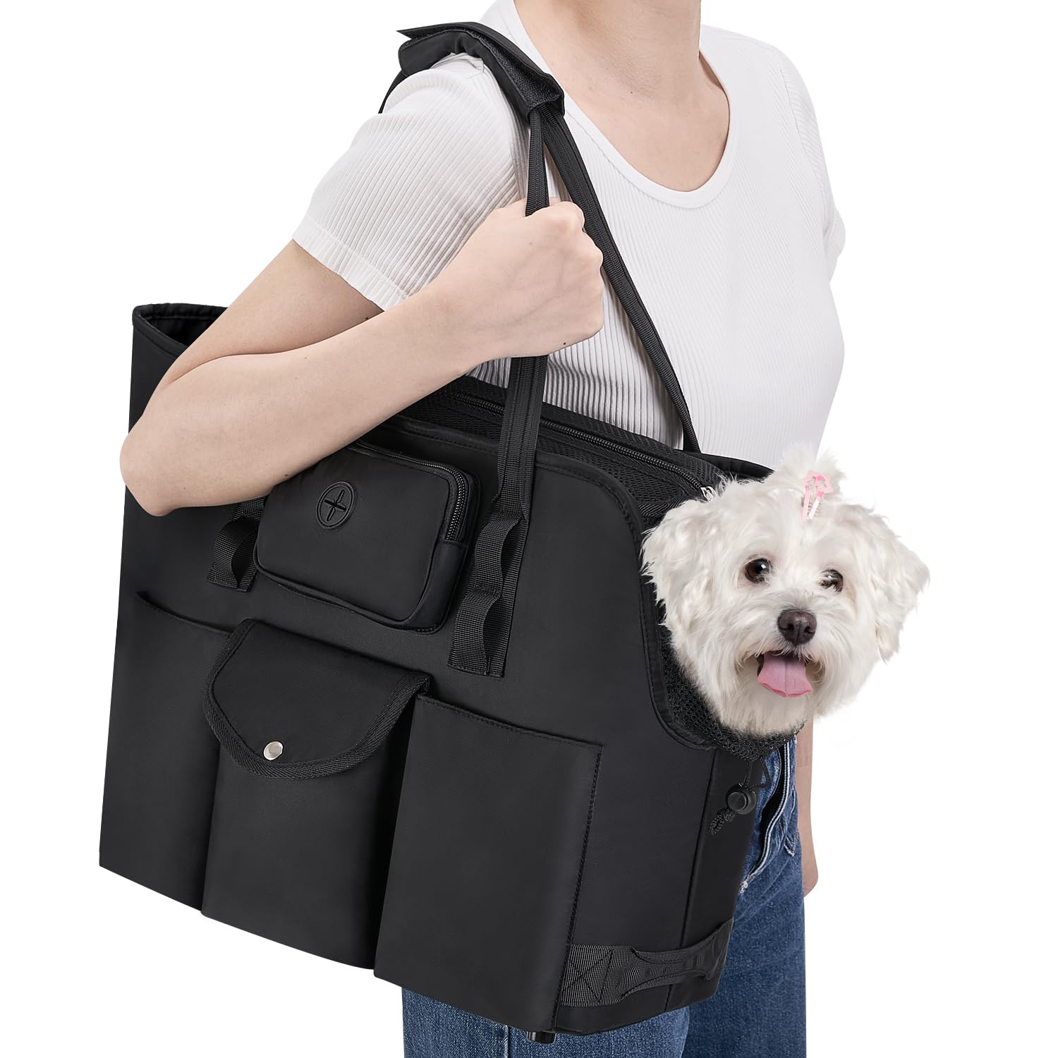 SlowTon Dog Carrier Purse, Portable Tote Handbag with Pockets,Small Dog Travel Bag with Breathable Mesh
