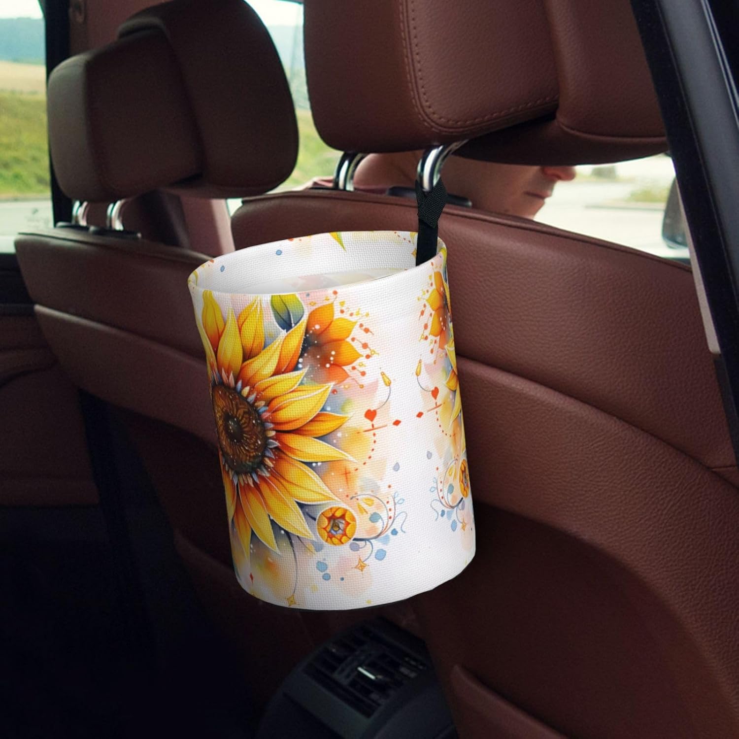 Yellow Sunflower in Oil Car Trash can, Hanging Foldable car Trash can, car Storage Box Accessories, Suitable for Travel SUV Truck Sedan image 5