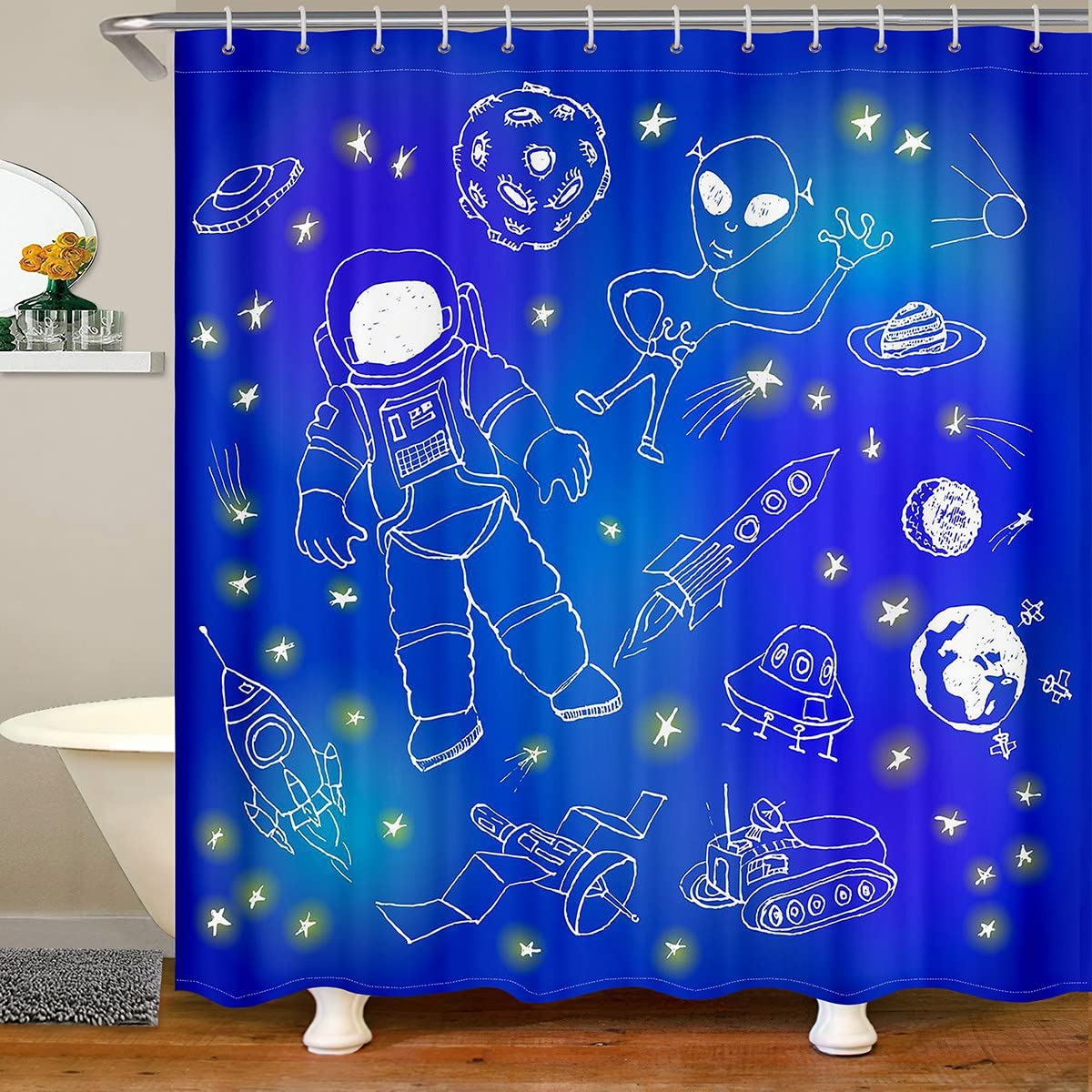 Cartoon Astronaut Shower Curtain for Space Rocket Bathroom Fabric Shower Curtain Set Galaxy Cosmonaut Spaceman Bath Curtain Stalls Bathtubs Outer Space Adventure Waterproof Curtains 59x71 Inch
