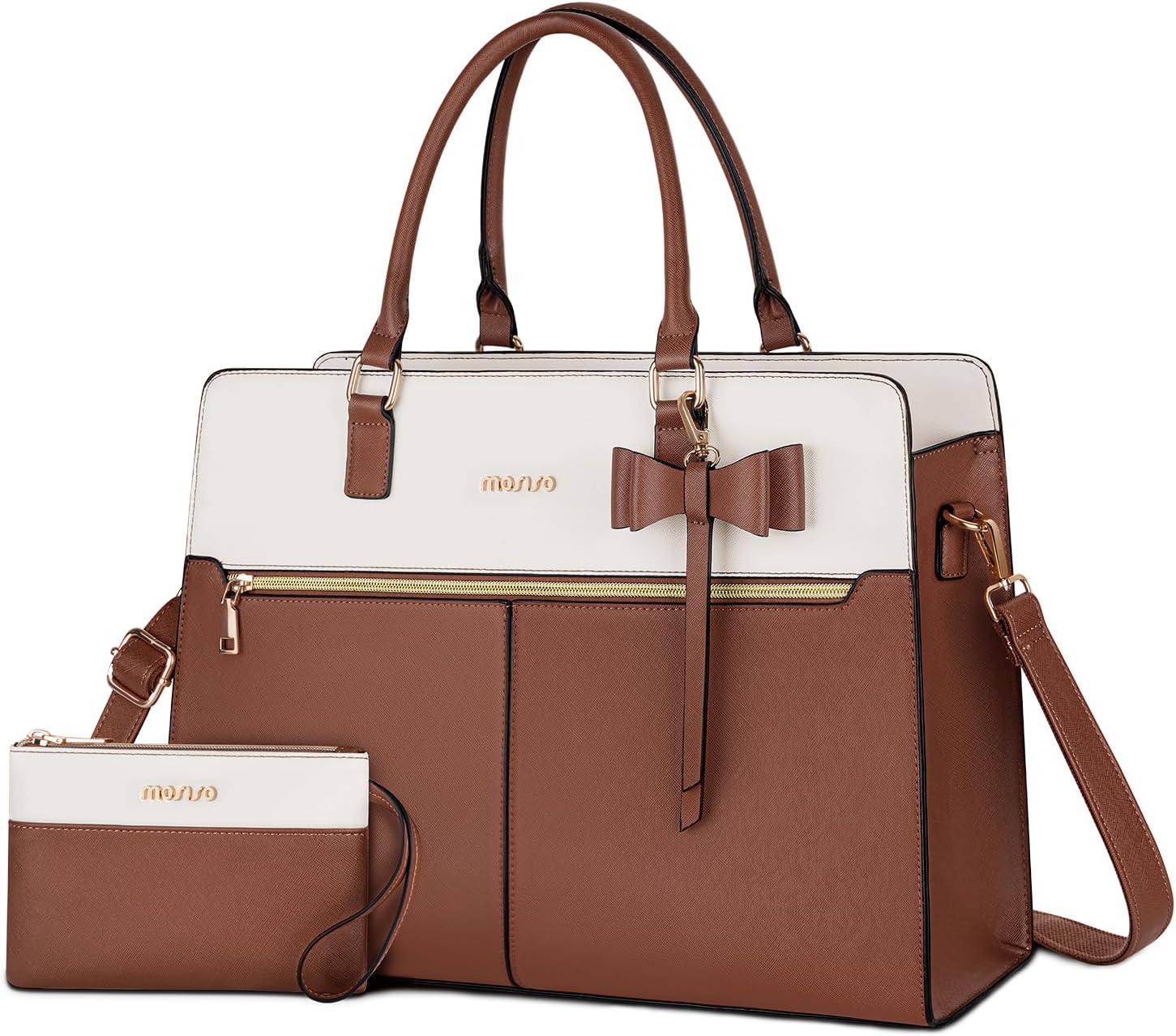 MOSISO Laptop Tote Bag for Women, 15.6 inch Waterproof PU Leather Work Bag with Clutch Purse & Bowknot, Large Capacity Handbag Shoulder Computer Bags Work Briefcase for Business Teacher Office, Brown