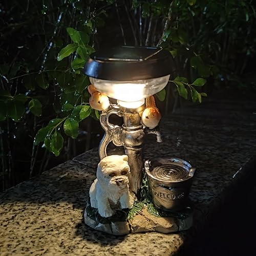 KUYYFDS Jardín de hadas, estatua de jardín, adorno solar de jardín, luz de resina, estatuas de perro, luces solares para patio, césped, porche,