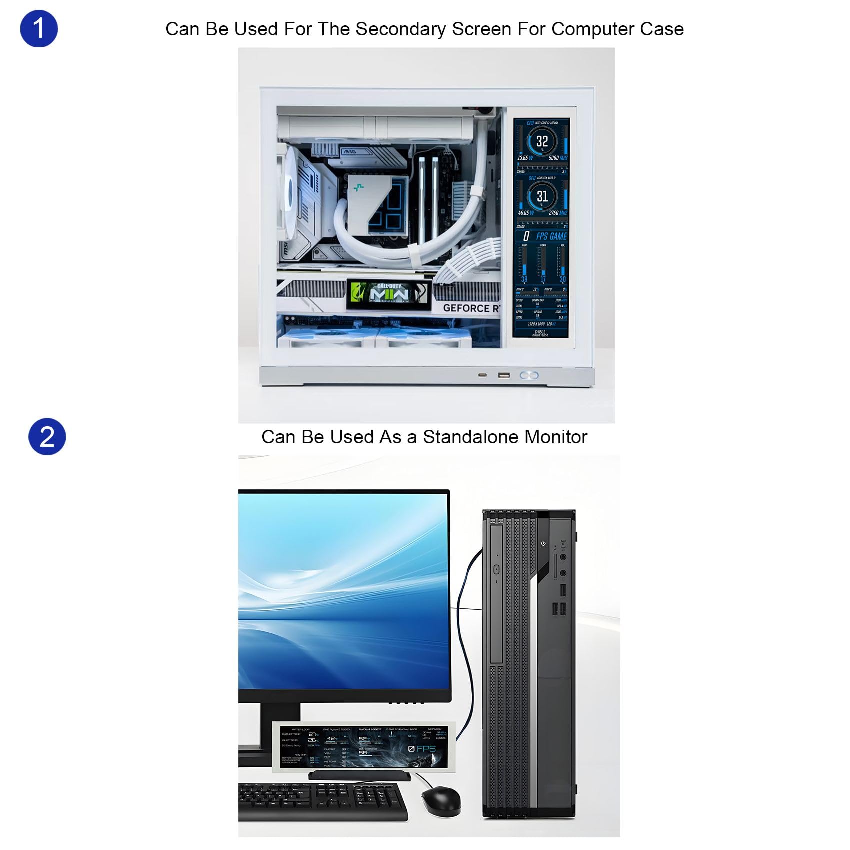 VSDISPLAY 8,8 Zoll USB-LCD-Monitor in Weiß für PC-Gehäuse | Auflösung 480 x 1920, Helligkeit 500 Nits, mit Designsoftware