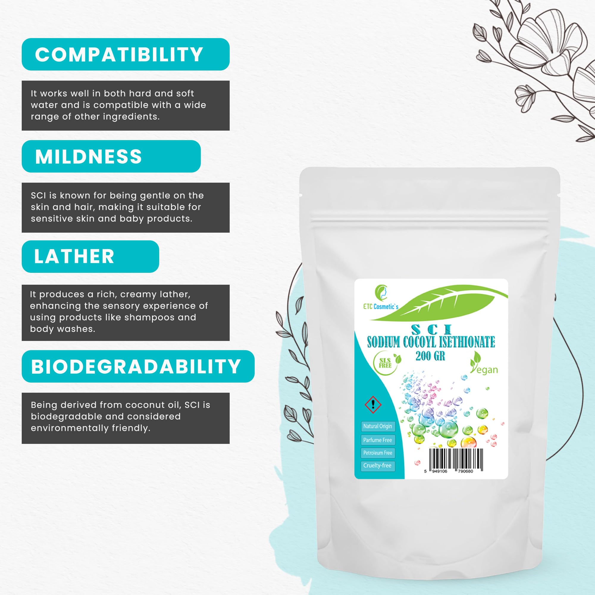 Sodium cocoyl isethionate SCI - 200 Gr - Used in Various Bath preparations, Suitable for Sensitive Skin (200 Gr) - Image 4
