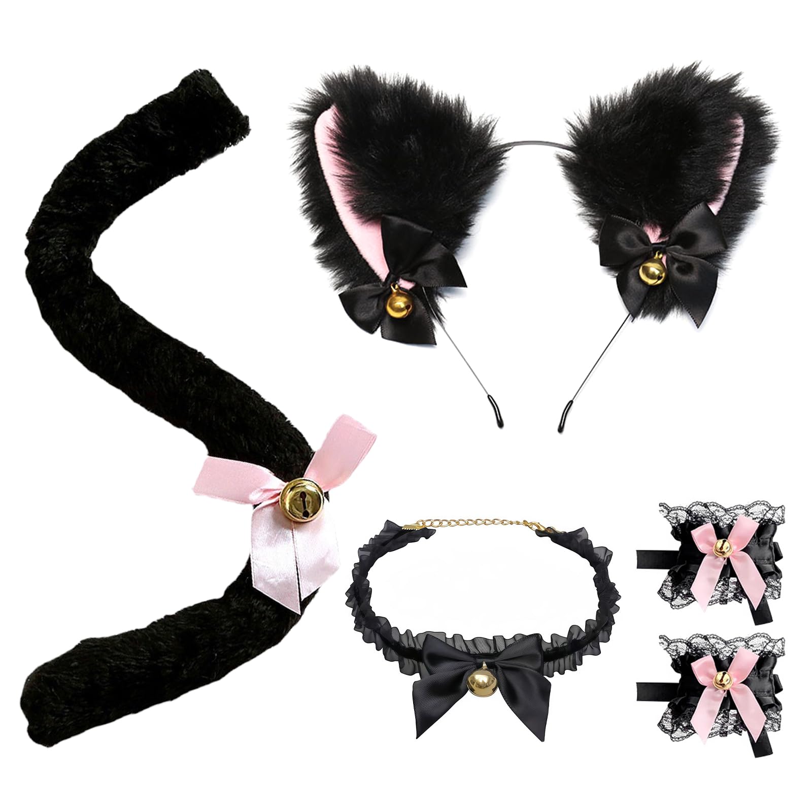 Satar Refes 4PCS Cat Cosplay Costume Set, Cat Ears Headband with Bells Chocker Necklace Hand Cuffs Tail Cat Costume Accessories for Halloween Theme Party
