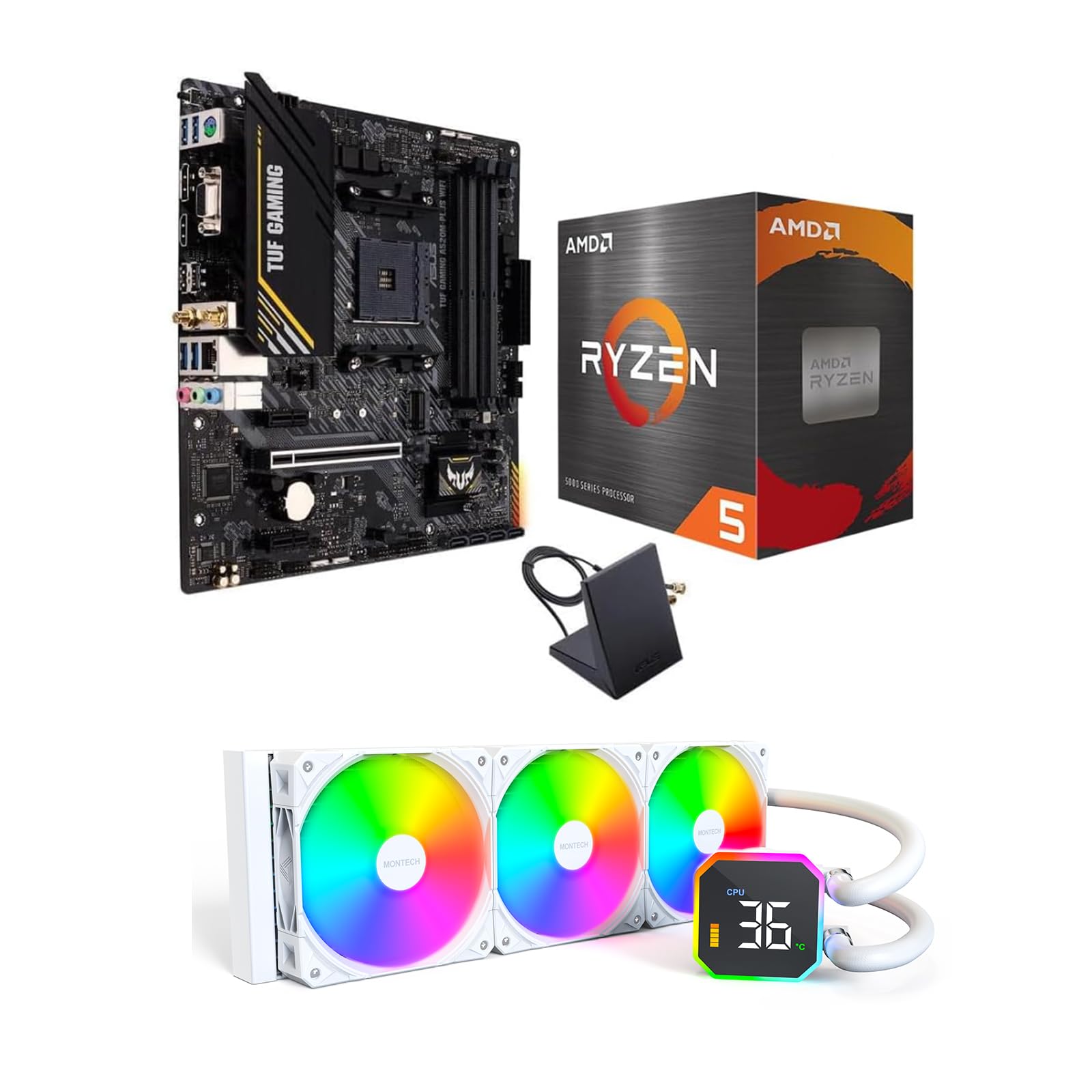 3 in 1 Bundle: AMD Ryzen 5 5500 Desktop CPU Processor + ASUS TUF GAM A520M-PL WF Motherboard + Montech Hyperflow Digital 360mm CPU AIO Water Cooling