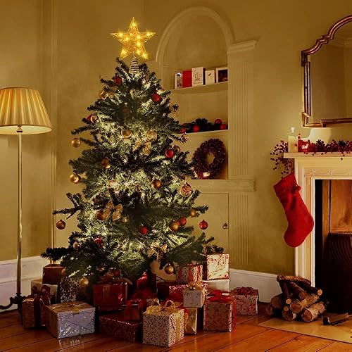 Miniatura 7 de Estrella de metal con purpurina dorada de 8 pulgadas para la punta del árbol de Navidad, iluminada con 20 luces LED para decoraciones navideñas,