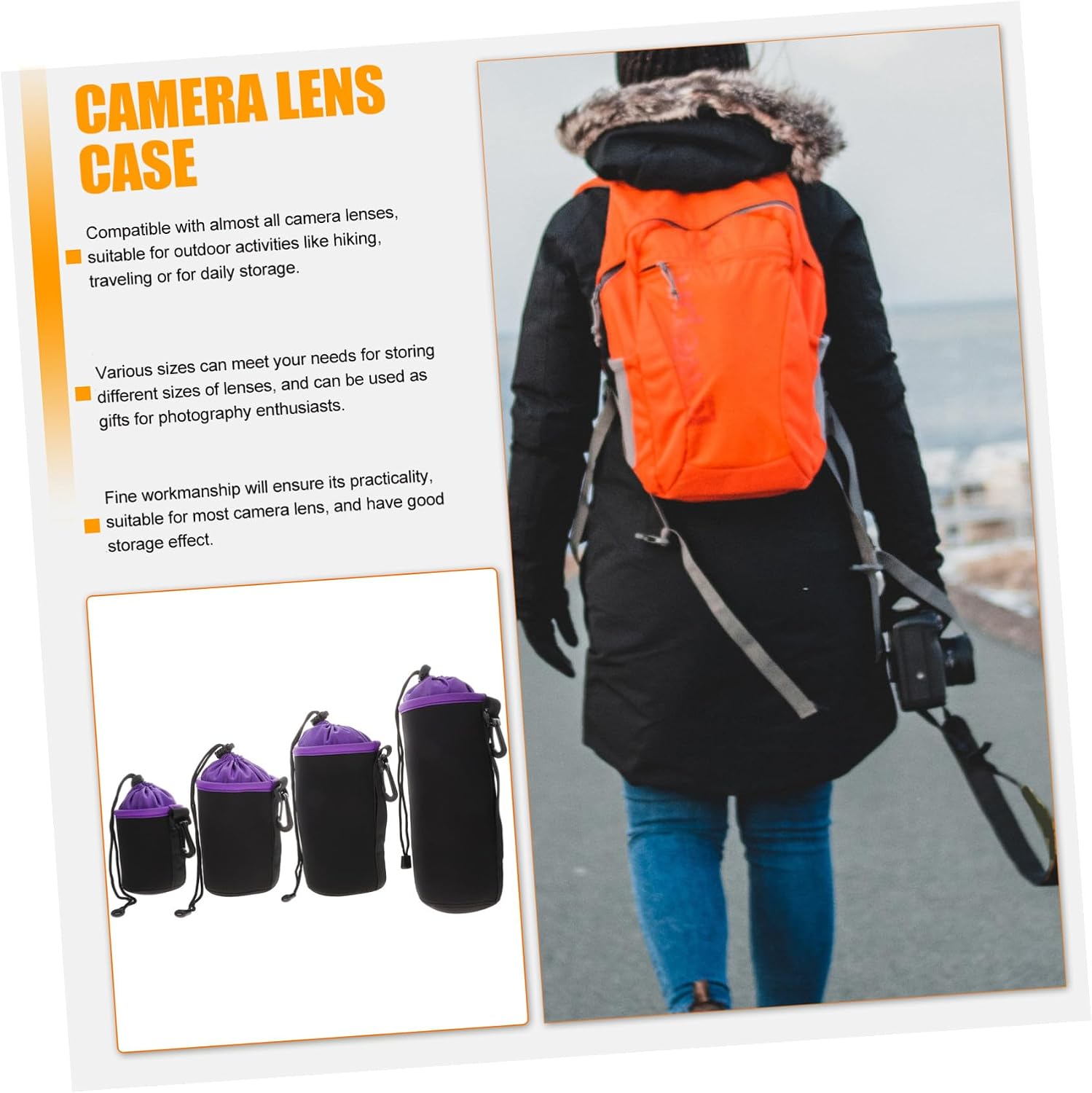 SEWACC 4pcs Camera Lens Bags Drawstring Protective Pouches with Thick Velour Interior for Outdoor Lens Storage Sand and Impact Resistant Multiple DSLR and Mirrorless Cameras