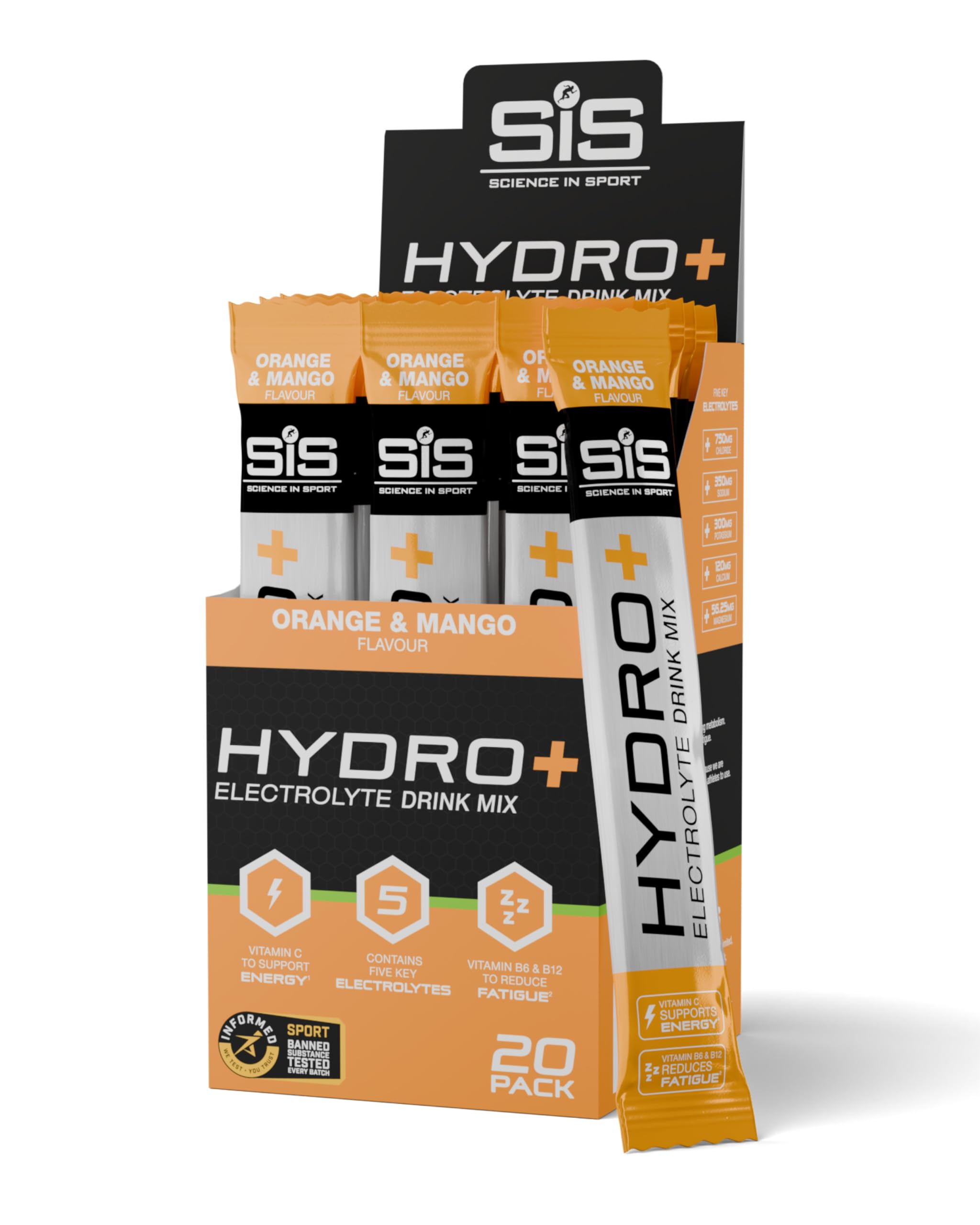 HYDRO+ Electrolyte Powder Sachets | Sugar Free Hydration Powder | Essential Electrolytes to Reduce Fatigue & Aid Rehydration | Gluten Free | Mango Flavour | 20 Servings | 20 Pack