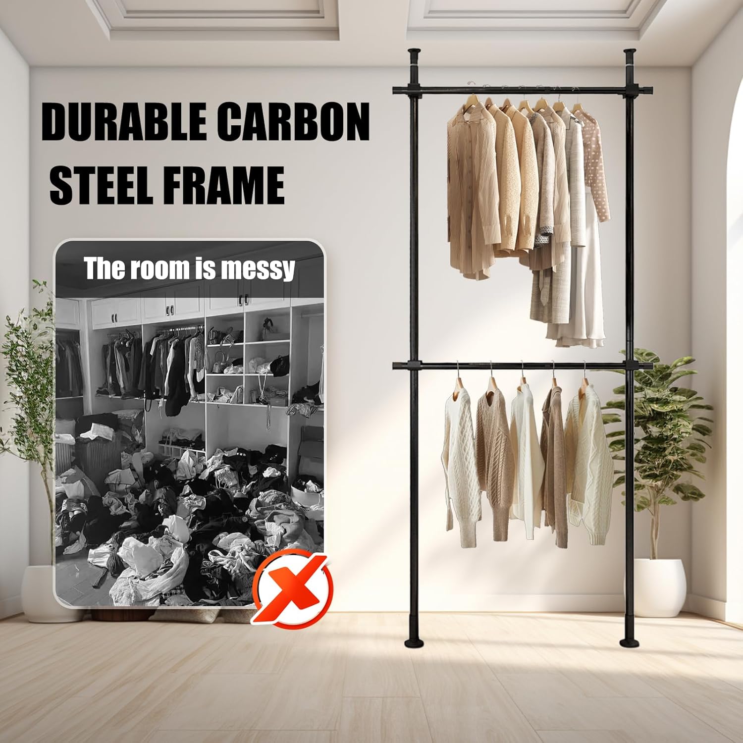 Heavy Duty Double Bar Clothing Rack – Adjustable Floor-to-Ceiling Clothes Rack, 2 Crossbars 220 lbs Capacity Each, Heavy-Duty Carbon Steel, No-Drill Installation, for Laundry Room, Bedroom & Boutique