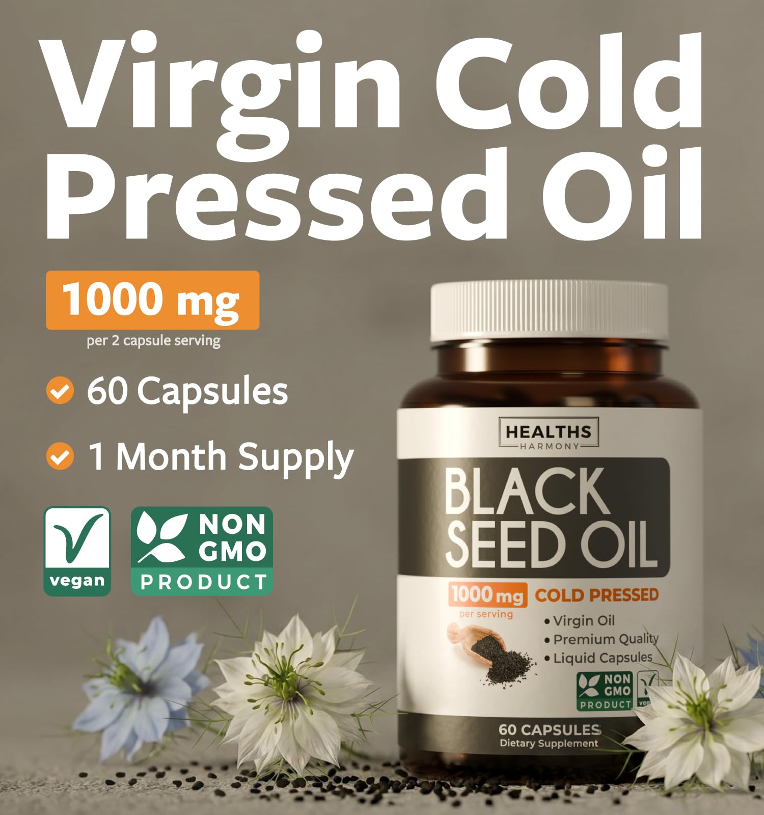 Black Seed Oil - 60 Softgel Capsules (Non-GMO & Vegan) Premium Cold-Pressed Nigella Sativa Producing Pure Black Cumin Seed Oil with Vitamin E - 500mg Each, 1000mg Per 2 Capsule Serving — Amazon image 2