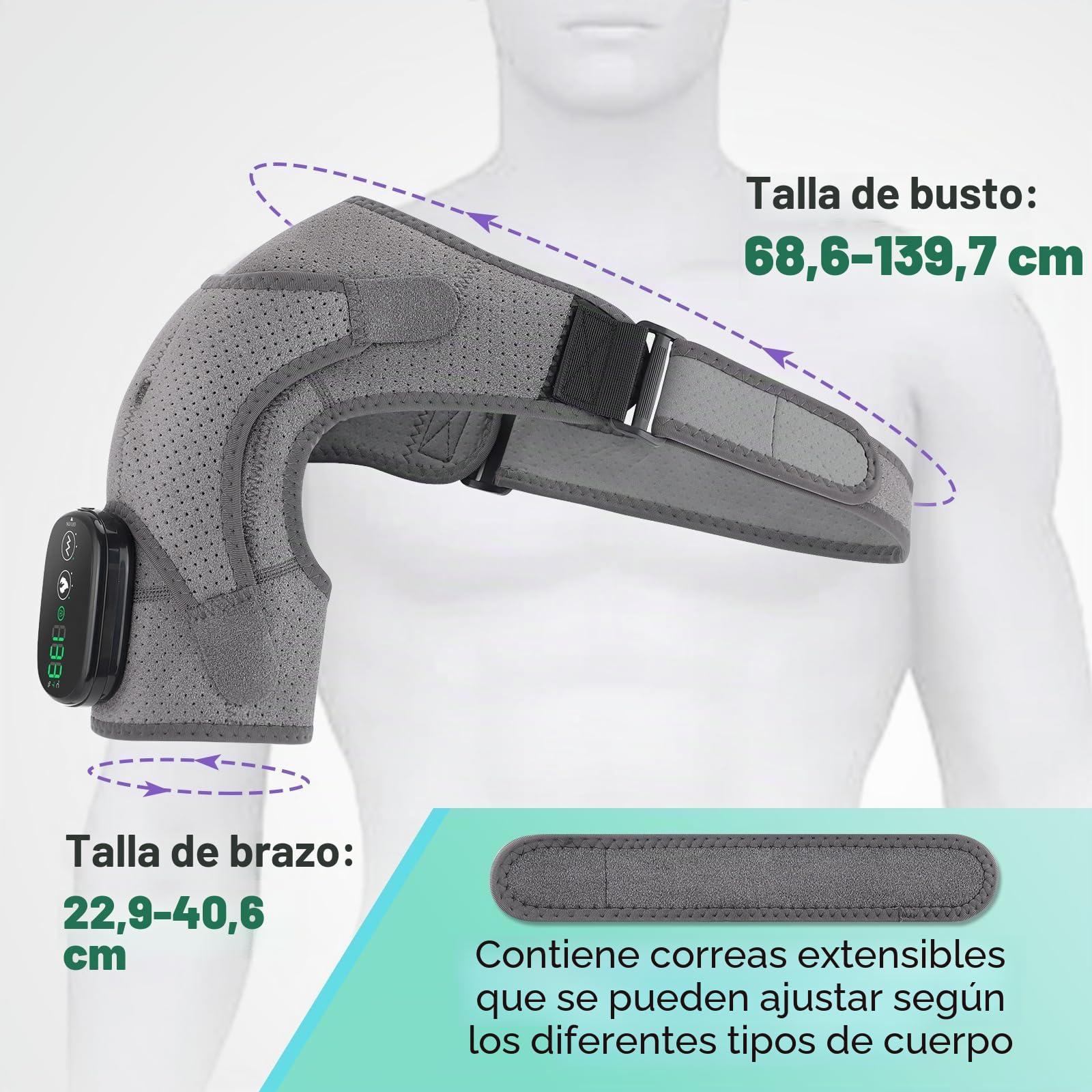 Soporte de Hombro Inalámbrico con Calefacción, Almohadilla Masajeadora para Hombros Térmica,Hombrera Térmica Con 3 Niveles De Calor Y Vibración para hombres y mujeres (Gray)