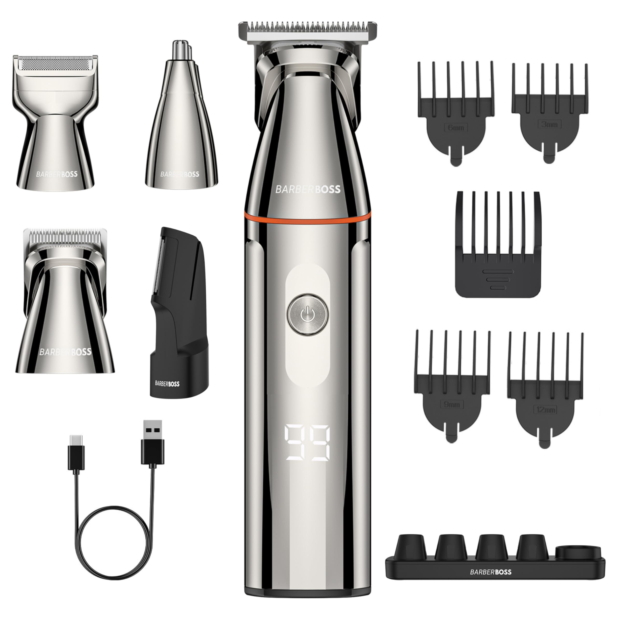 BarberBoss 5 in 1 Grooming Kit für Männer, Bartschneider Herren, Wasserdichter Haarschneidemaschine mit Nasentrimmer, Body Groomer, USB-C Aufladen & LED Display