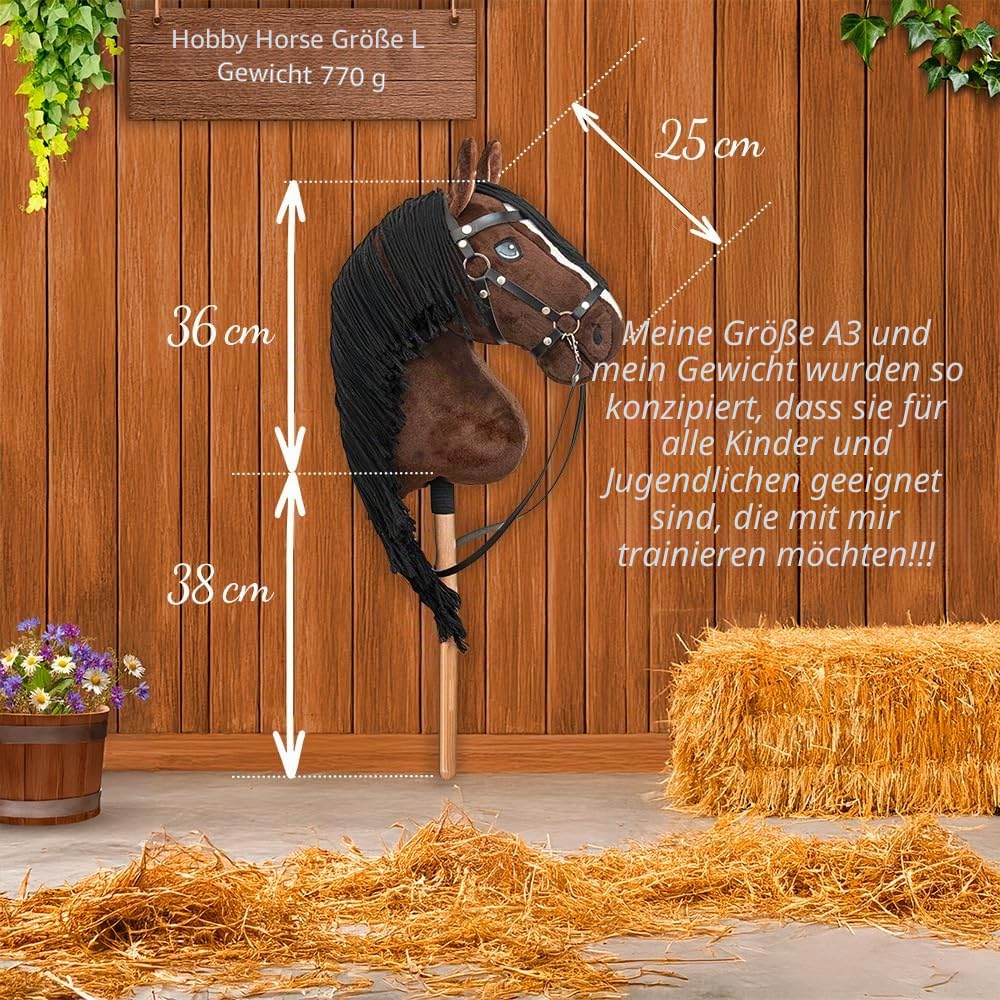 Hobby Horse A3 Braun mit schwarzer Mähne. Steckenpferd Komplettes Zubehör-Set: Halfter, Gebiss, Zügel, Halfter, Longe und braune Haube. Pferdekopf-Steckenpferd für Hobby Horsing Kinder und Jugendliche