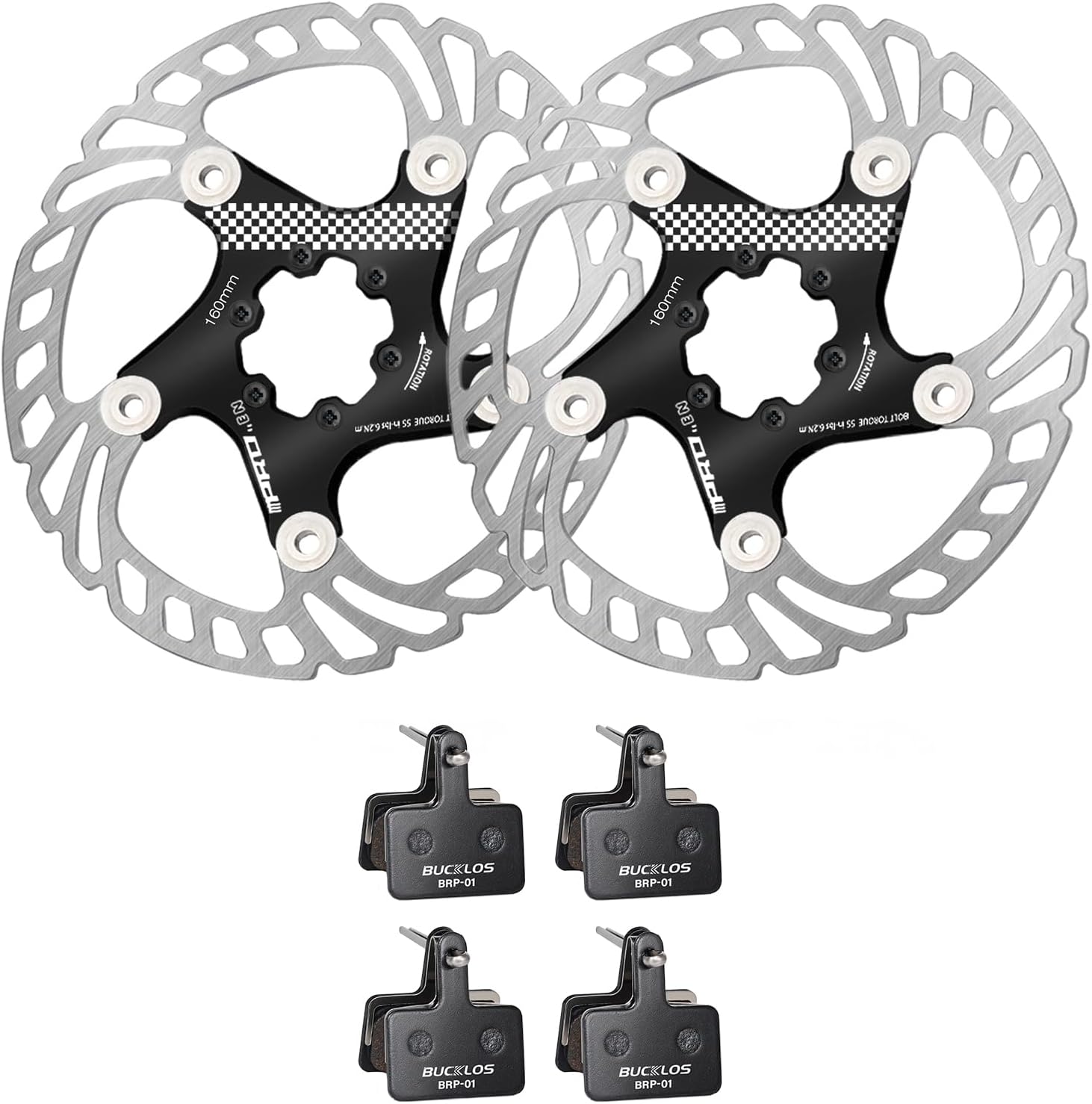 BUCKLOS 4 Pairs Semi Metallic Bike Brake Pads for TRP Tektro Shimano Deore Br-M575 M525 M515 T615 T675 M505 M495 and IIIPRO 160mm Floating Bike Disc Brake Rotor with 6 Bolts