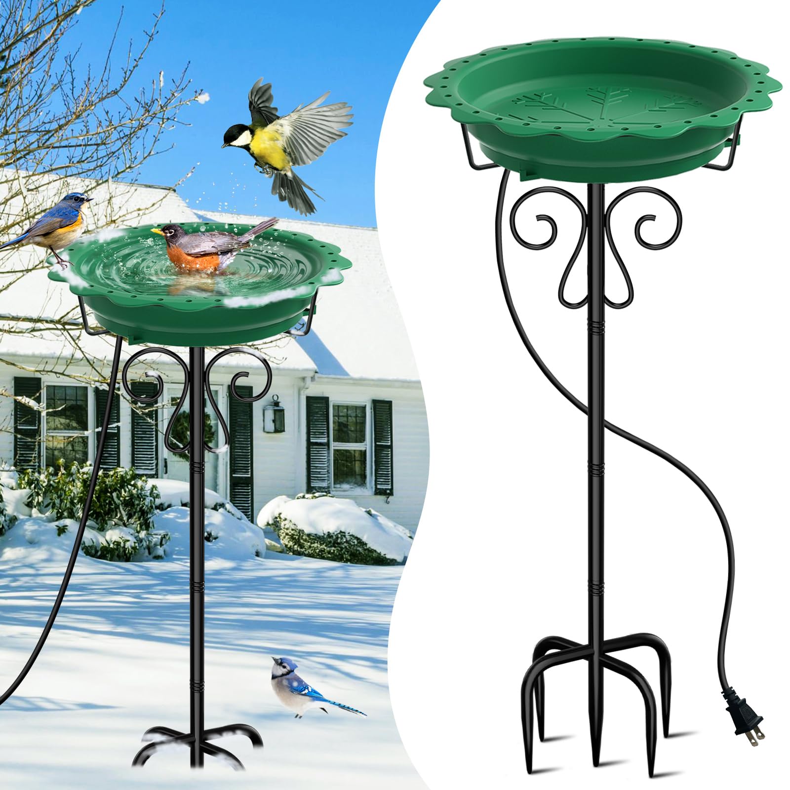 Jvgoo Heated Bird Bath, Powerful 100W Thermostat Control Heated Bird Baths for Outdoors for Winter with 5-Prong Metal Stake, Heated Birdbath Water Heater for Outside Garden Yard Patio Lawn (Green)