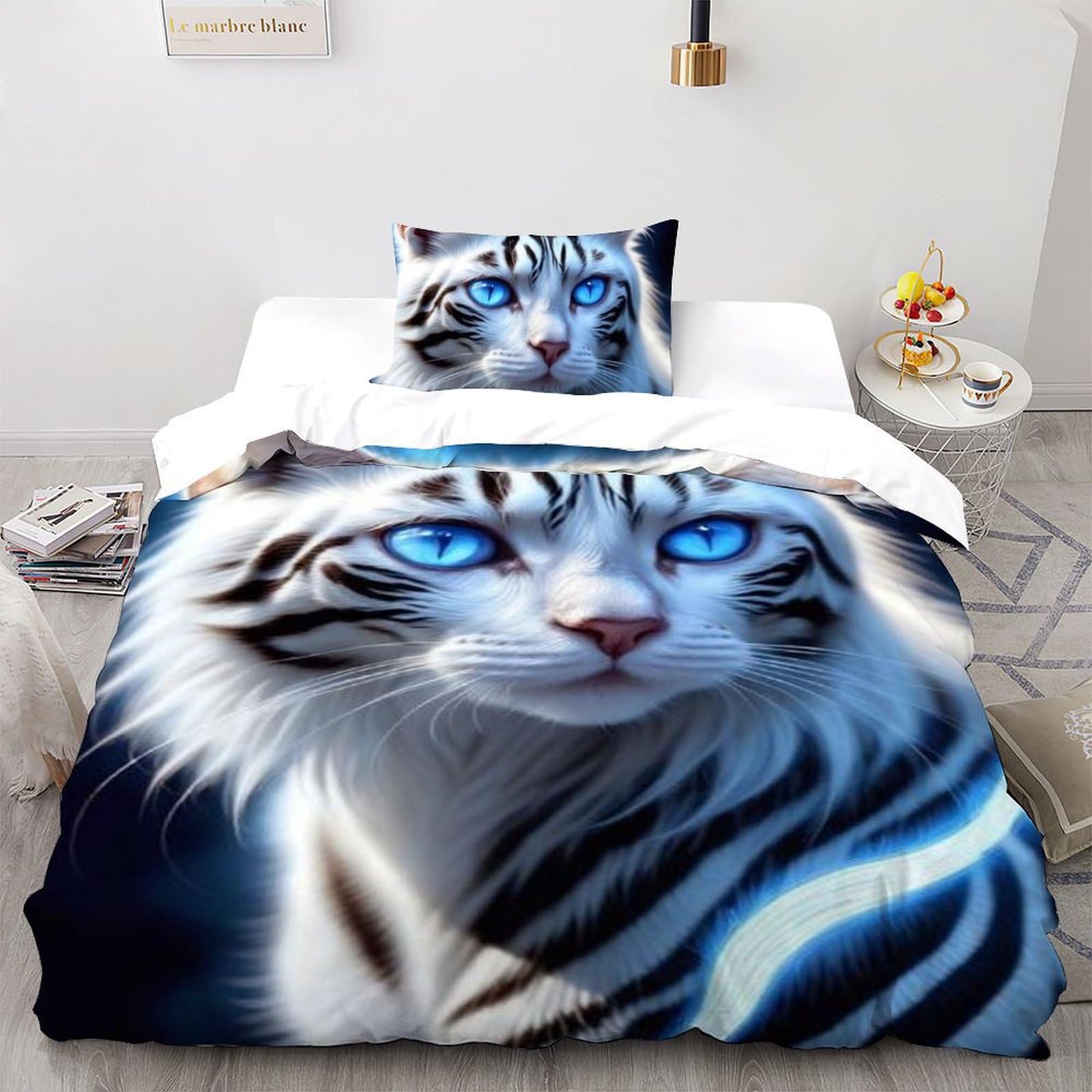 Housse de couette tigre blanc 135x200 parure de lit enfant single 2 pièces avec taie