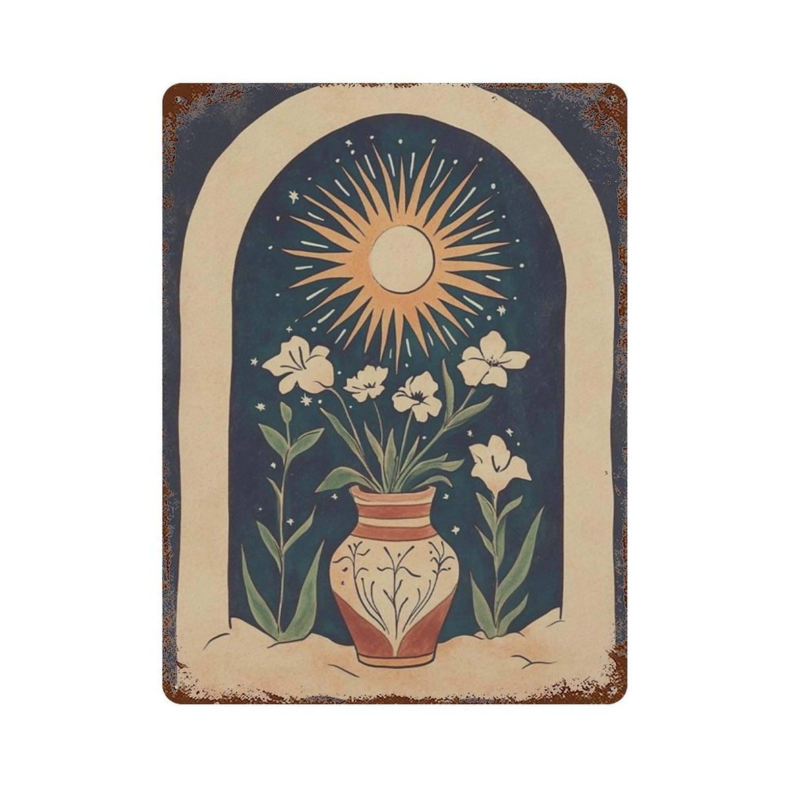 xiaoxiaoshen Sun And Floral Celestial Botanical Night Sky Minimal Folk Wall Decor Art Metal Tin Poster Modern Home Decor Art Home Bar Shop Decorations Vintage Sign 40x30cm