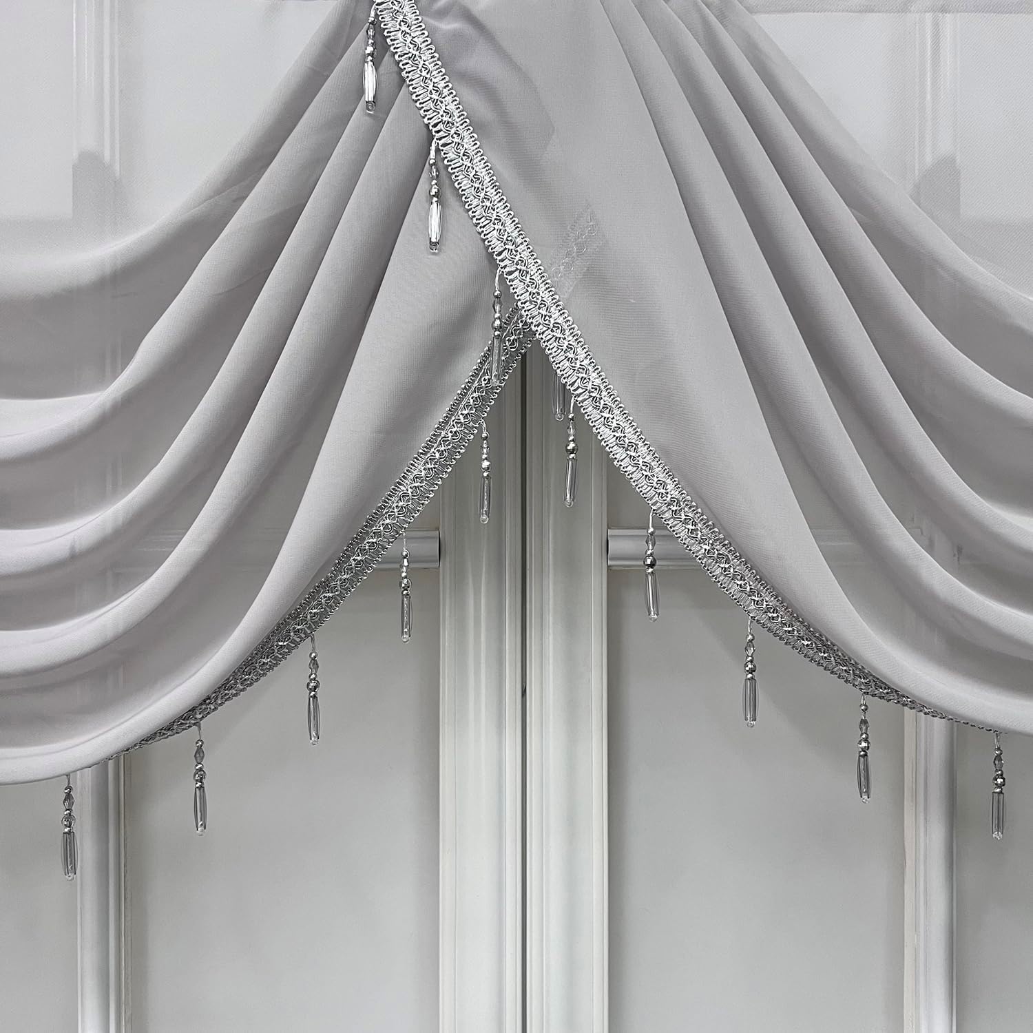 Grey Waterfall Valance Linen Sheer Swags for Living Room Rod Pocket Voile Curtain Drapes Beaded Curtain Tulle for Kitchen Window Treatment Valance 1 Panel Width 79 Inch