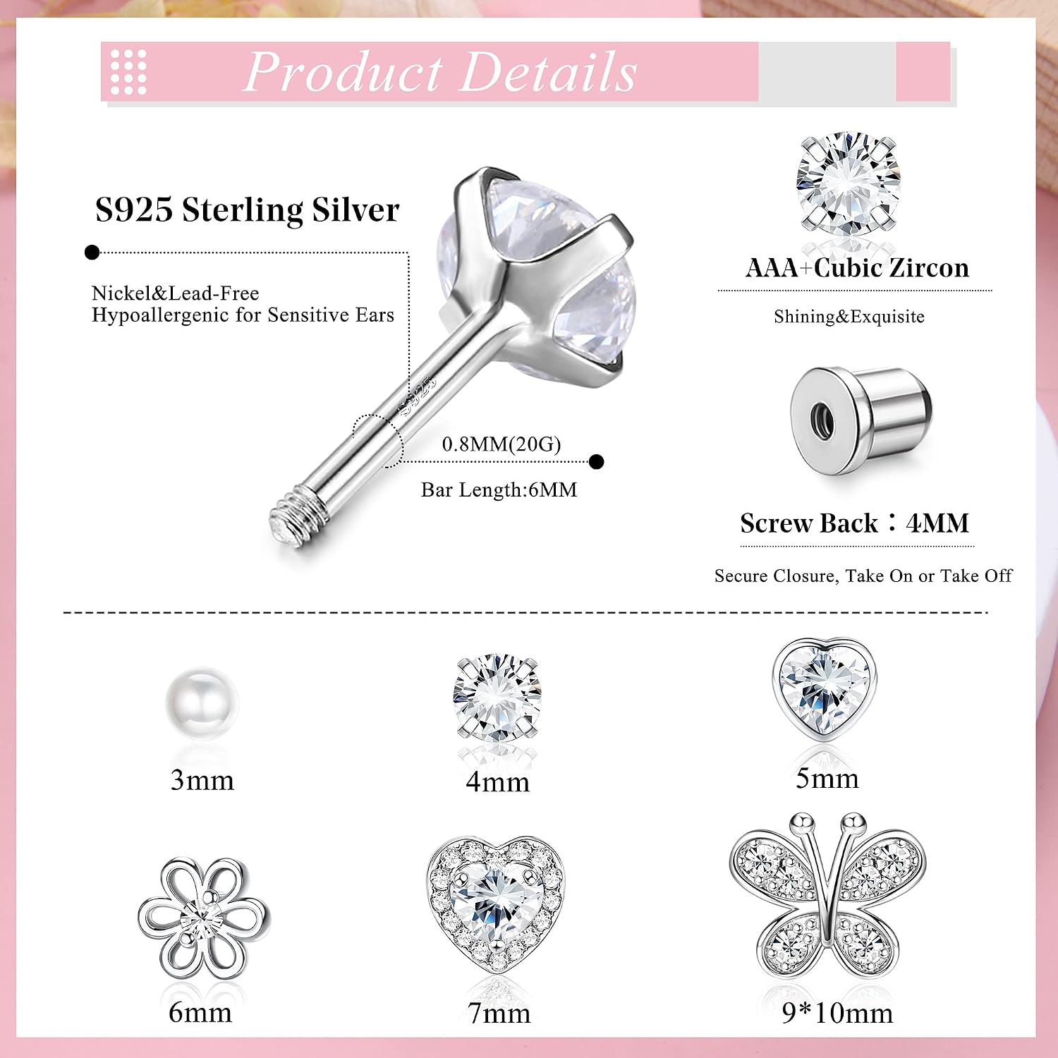 Florideco Hypoallergenic Earrings for Girls Women S925 Sterling Silver Post Earrings Heart CZ Toddler Earring Pearl Butterfly Girls Earring Screw Back Earrings for Sensitive Ears(over 4 years old)