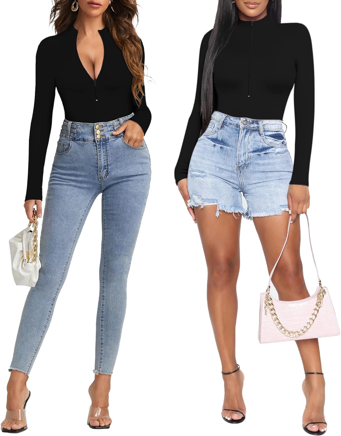 MANGOPOP Zipper V Neck Sleeveless Short Sleeve Long Sleeve Bodysuit for Women Tops T Shirts : Clothing, Shoes & Jewelry