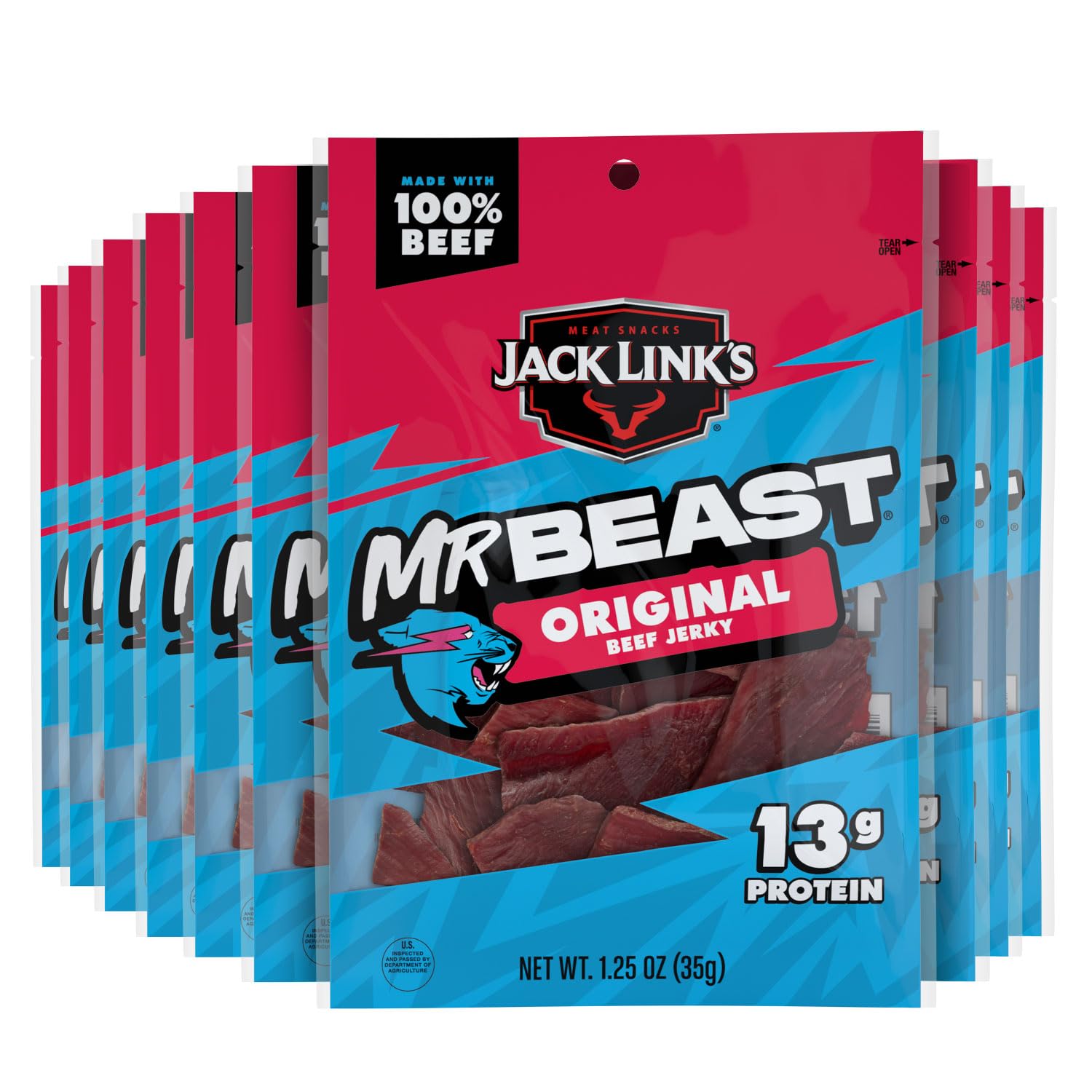 Jack Link's Beef Jerky, Original - Flavorful Meat Snack for Lunches, 13g Protein and 100 Calories, Made with 100% Beef - No Added MSG** or Nitrates/Nitrites, 1.25 oz (Pack of 10)