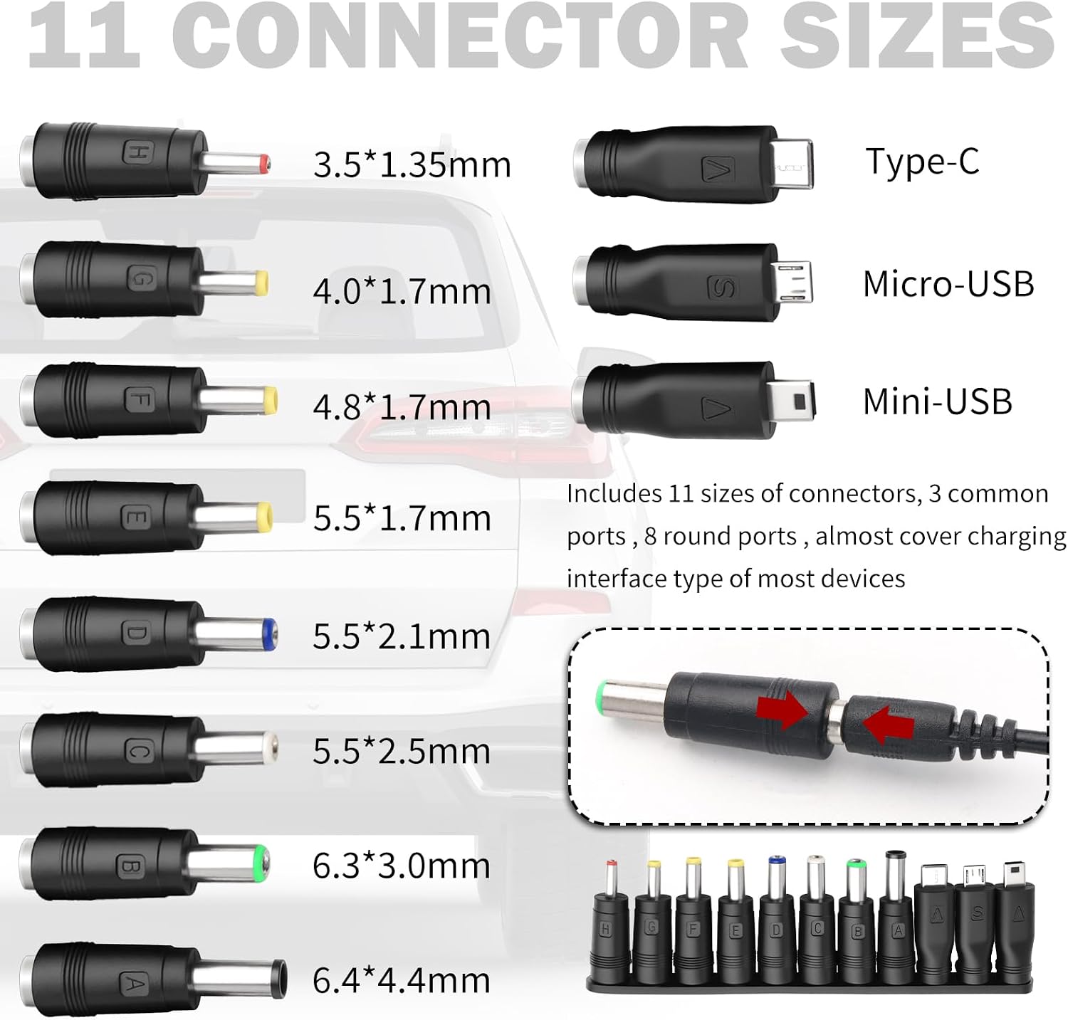 12V Car Charger Kit with DC 5V Power Cable,12V Cigarette Lighter Plug DC 5.5 * 2.1mm Includes USB Cable,11 Connectors,Universal Car Charger Adapter for GPS,DVD Player,Camera