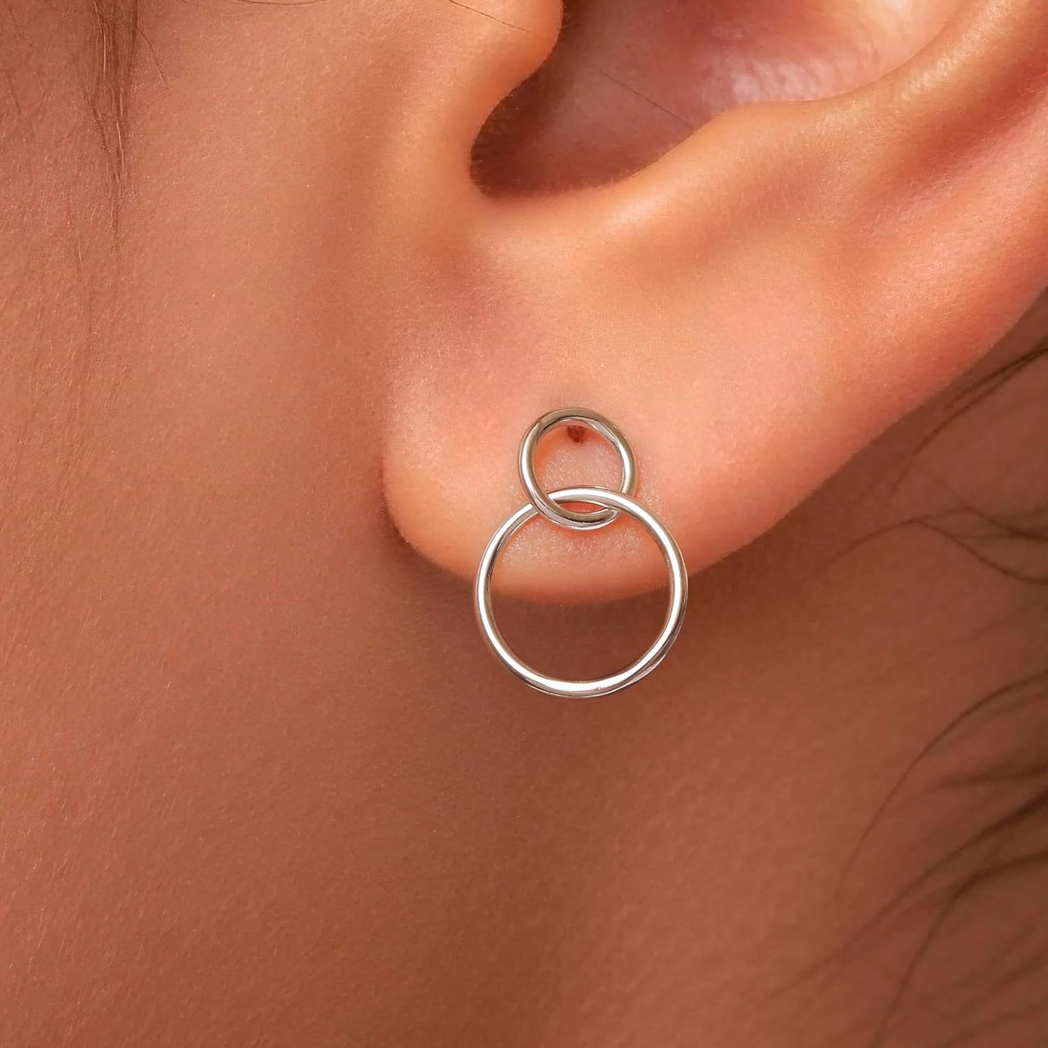 925 Sterling Silver Interlocking Double Circle Earrings for Women, Dainty Dangle Drop Studs, Modern Minimalist Geometric Jewelry Gift