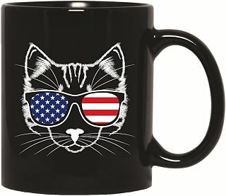 Gift for Cat Lovers 4th of July Meowica Merica USA American Flag Design 11oz 15oz Black Coffee Mug