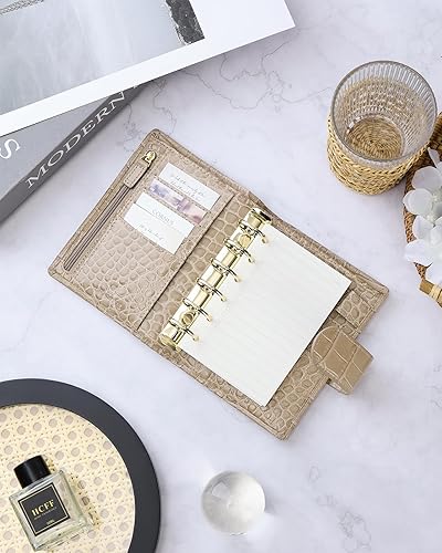 Miniatura 5 de Smartfee Organizador de bolsillo de cuero, carpeta de cuaderno de 6 anillos con Flyleaf, anillo dorado de 0.98 pulgadas, piel de napa (negro y rosa)