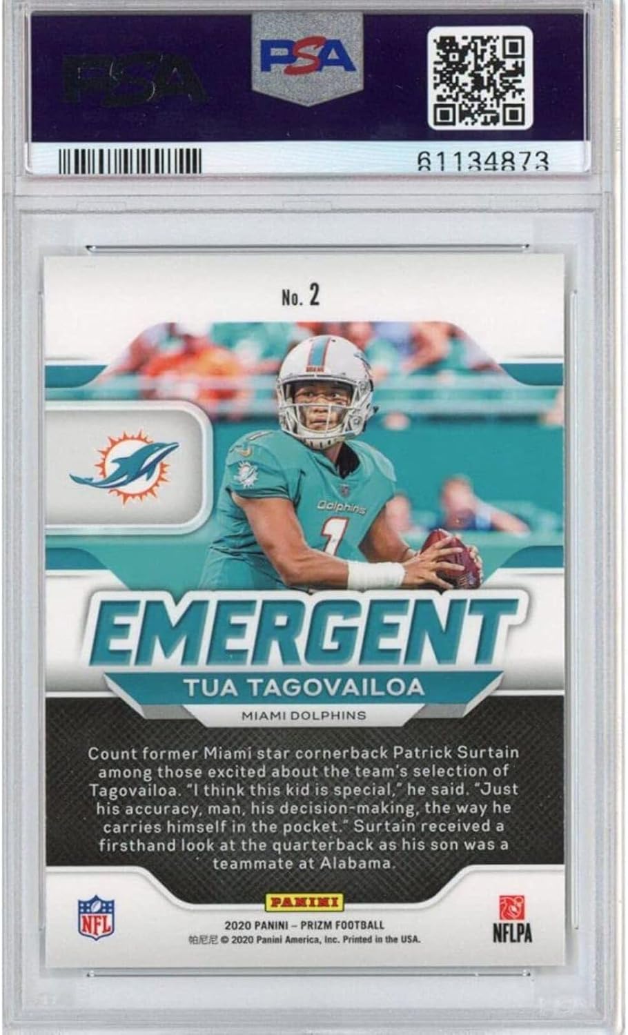 Graded 2020 Panini Prizm Tua Tagovailoa #2 Emergent Rookie RC Football Card PSA 10 Gem Mint